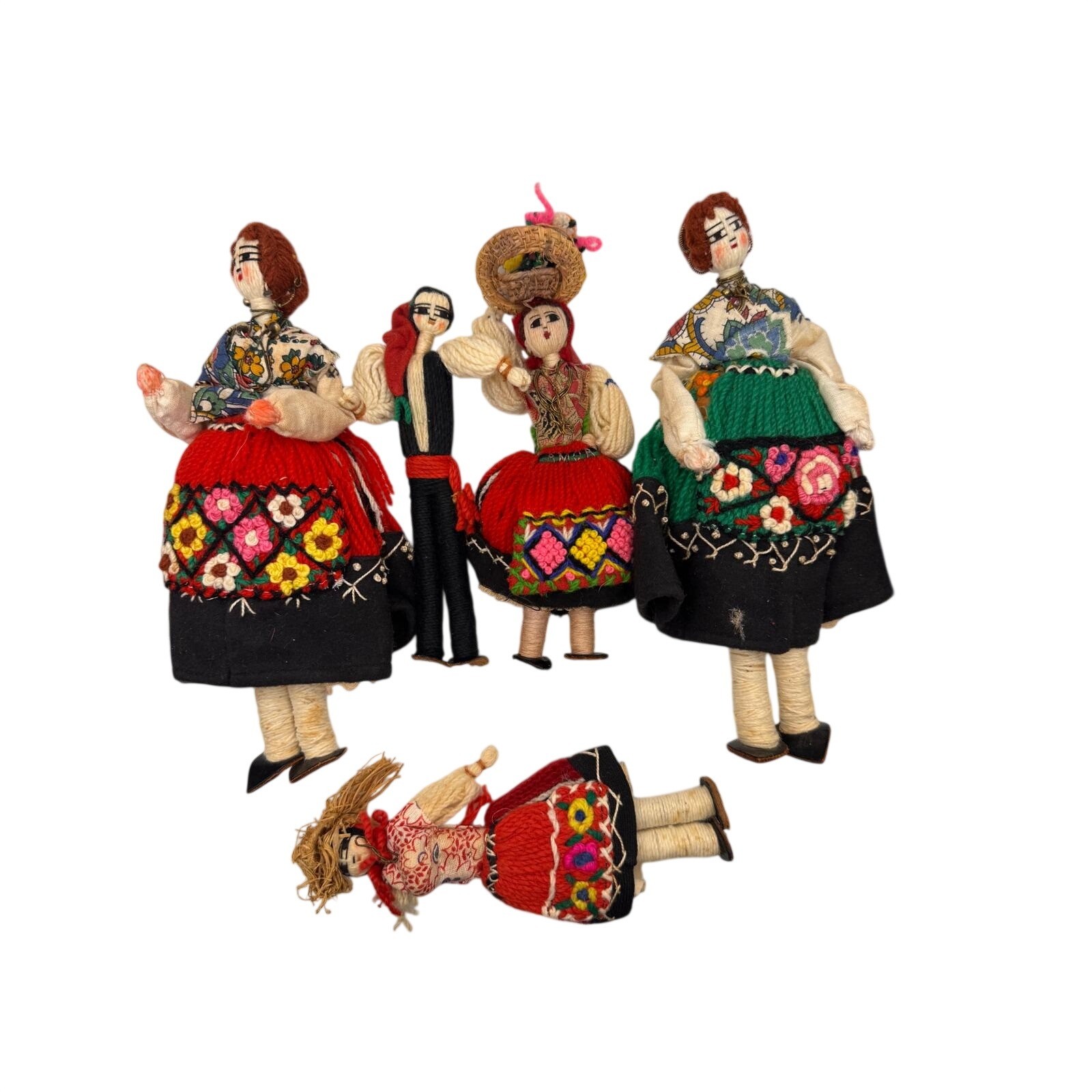 Vintage Handcrafted Folk Art Polish European Yarn Dolls Set of 5 Vintage Handcrafted Folk Art Polish European Yarn Dolls Set of 5