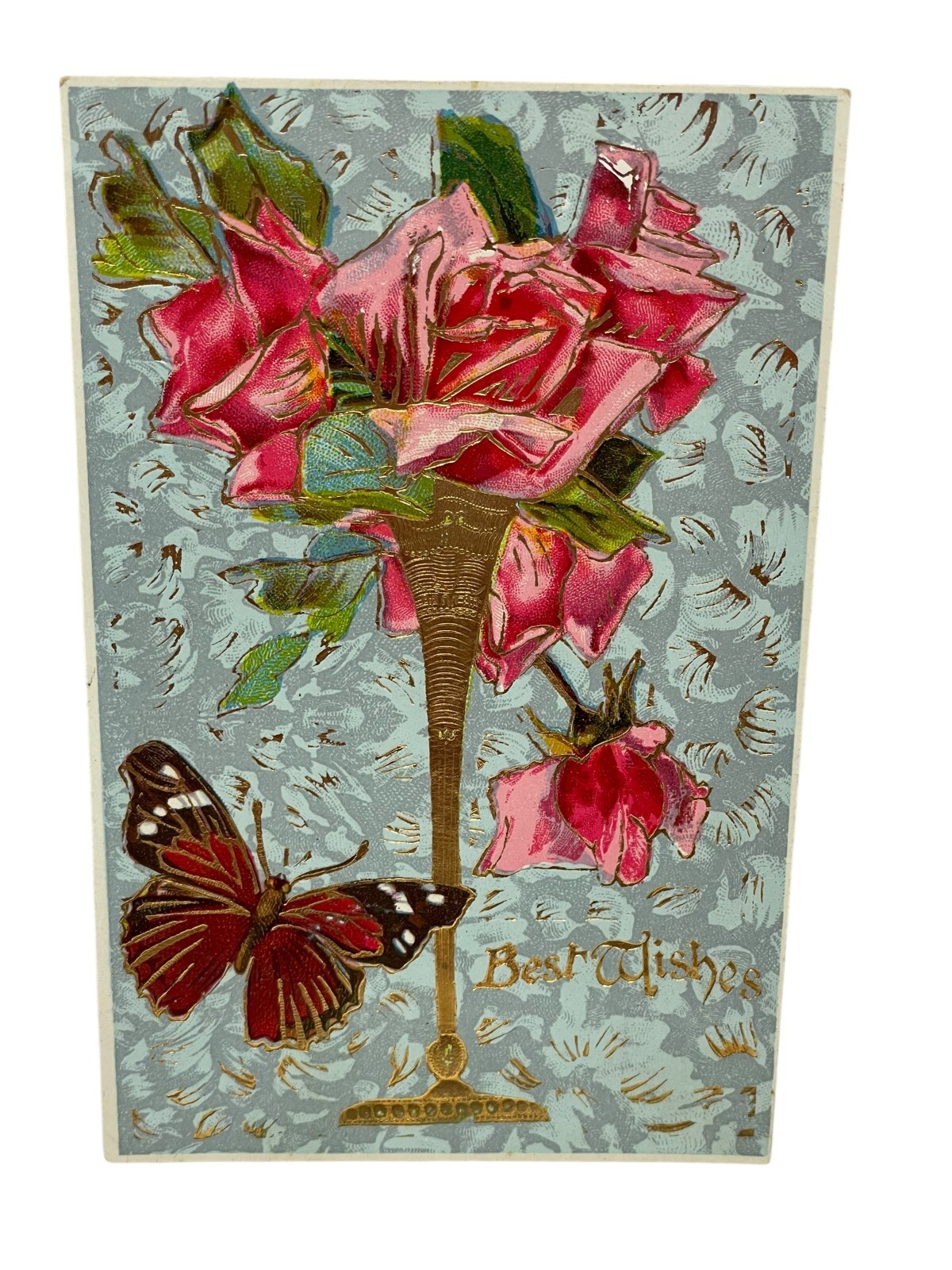Antique Embossed Postcard Unposted 1910s Best Wishes Roses Butterfly Gold Accent Antique Embossed Postcard Unposted 1910s Best Wishes Roses Butterfly Gold Accent