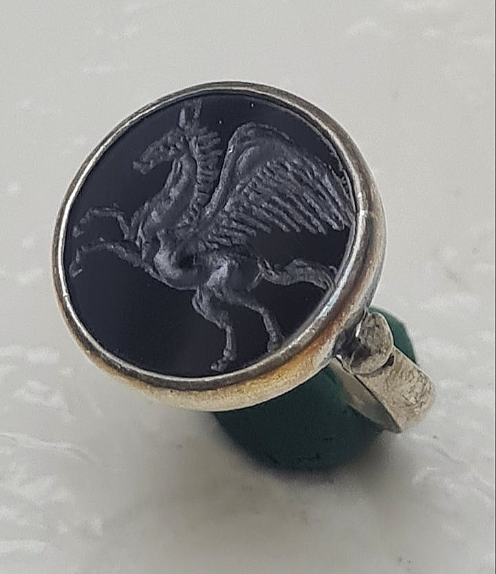 Pegasus Seal Intaglio Ring hand engraved Ancient Vintage silver Antique Look Pegasus Seal Intaglio Ring hand engraved Ancient Vintage silver Antique Look