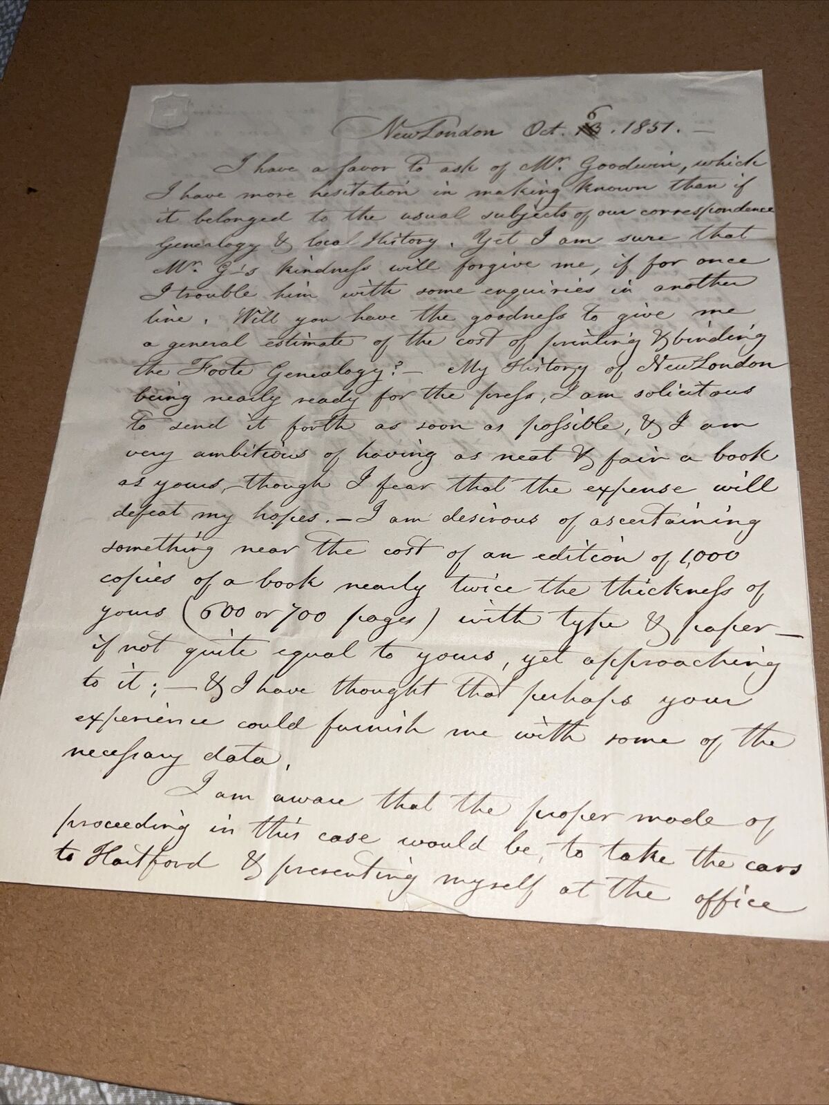 1851 Frances Manwaring Caulkins Letter New London CT Historian Author Genealogy