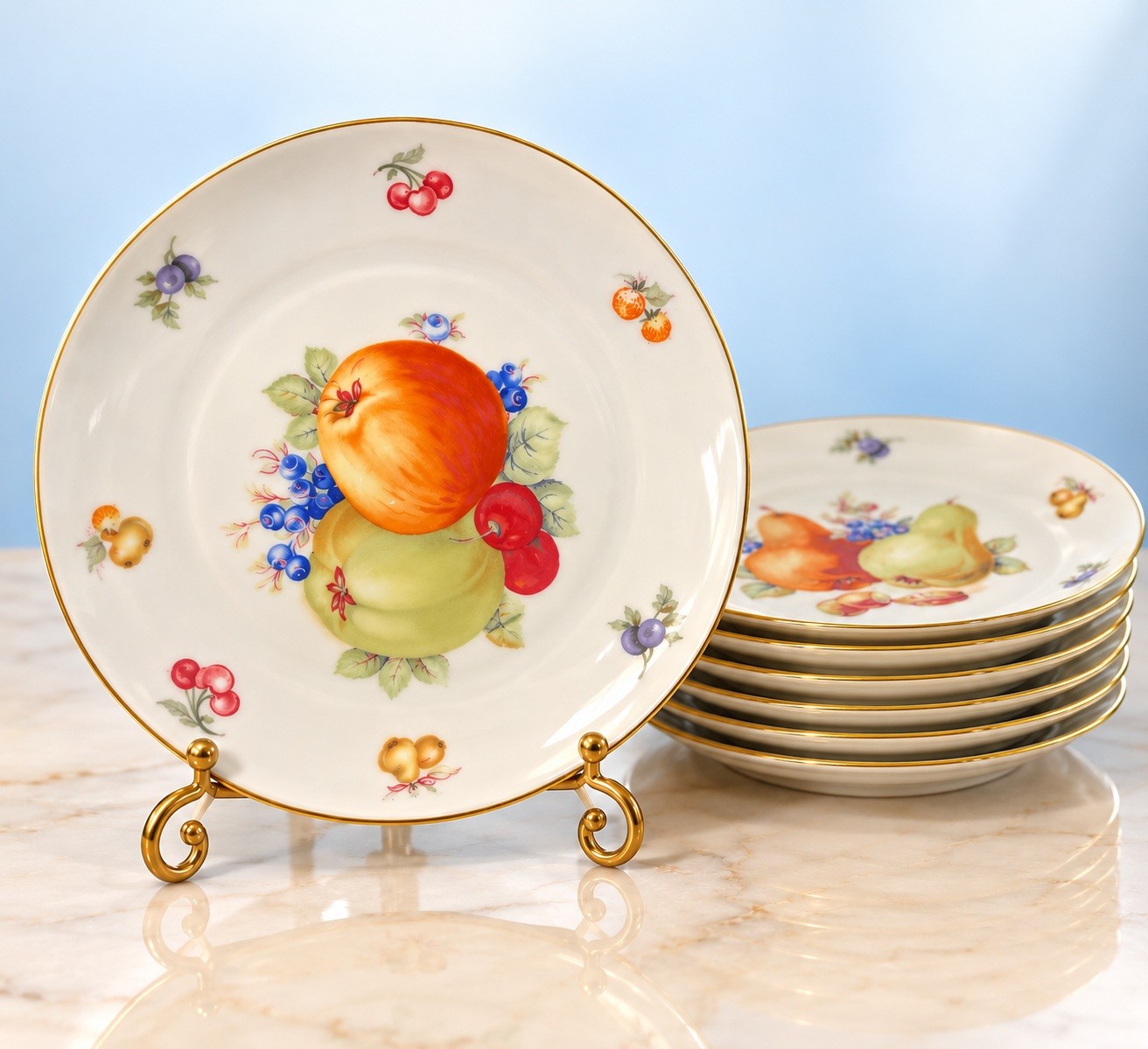Schumann Arzberg Germany 1960s 7 Dessert Plates Fruit Orchard Porcelain, 7.5” Schumann Arzberg Germany 1960s 7 Dessert Plates Fruit Orchard Porcelain, 7.5”