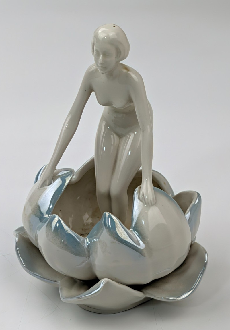 Porcelain Nude Lady Art Deco Nouveau Water Lily Lotus Floral Flower Frog 6.5\