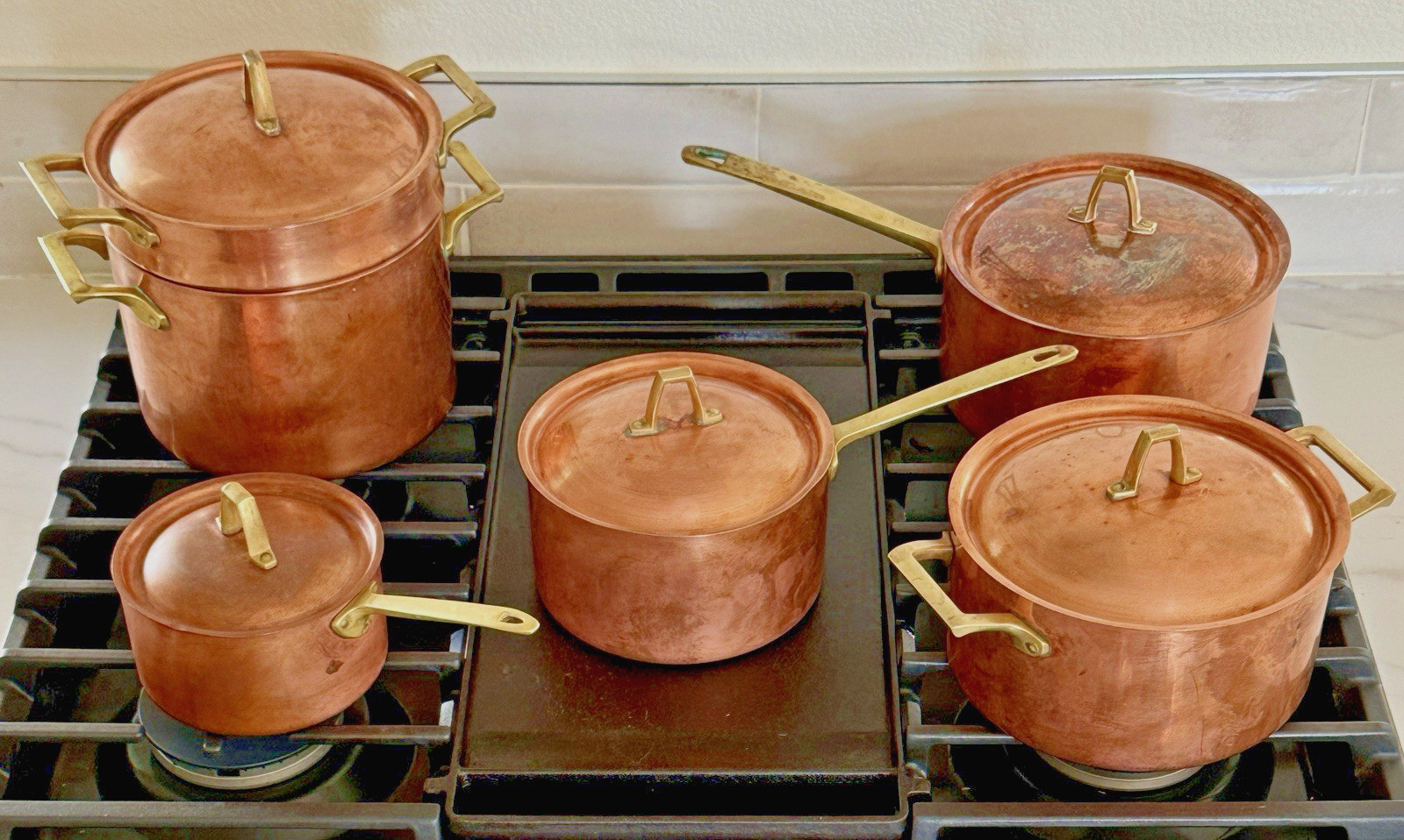 Copper Pans Paul Revere 11 Pc Cookware Set Brass Handles USA Vintage Signed