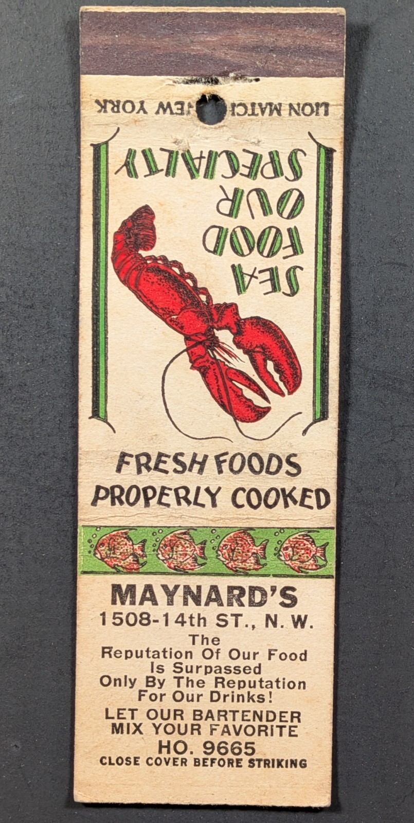 Vintage Maynard's Seafood Lobster NY Matchbook Cover