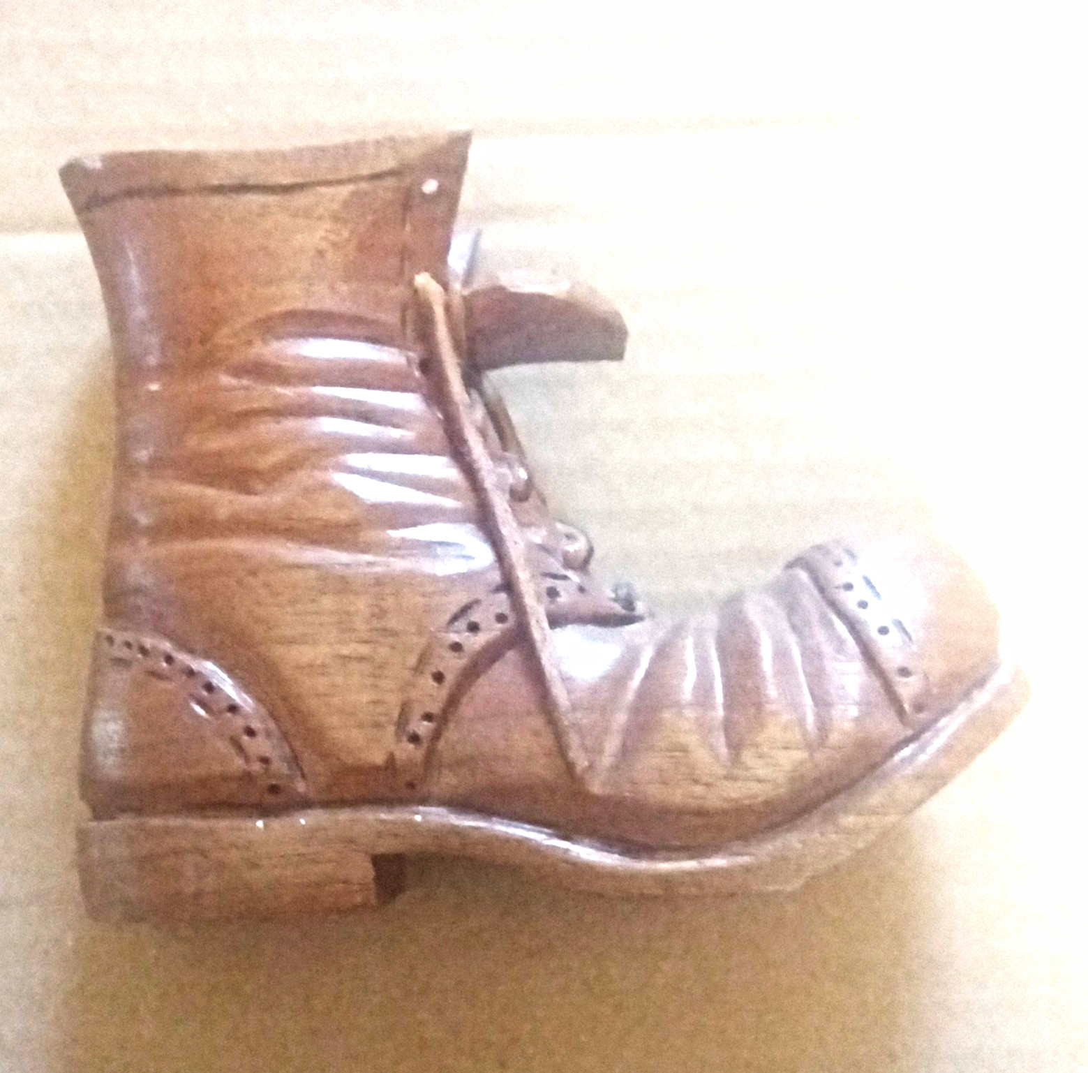 Vtg Hand Carved Walnut Wood Boot Figurine Signed G Fulton Folk Art Match Holder Vtg Hand Carved Walnut Wood Boot Figurine Signed G Fulton Folk Art Match Holder