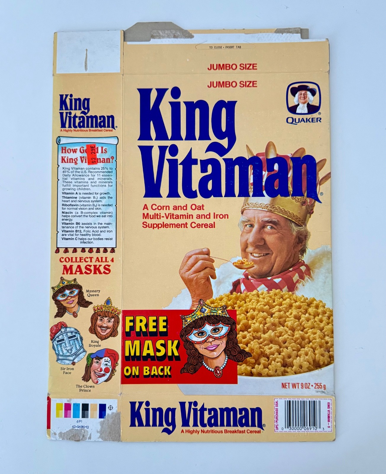 Vintage 1987 Quaker King Vitaman Cereal Box Mystery Queen Mask Premium Kids Food Vintage 1987 Quaker King Vitaman Cereal Box Mystery Queen Mask Premium Kids Food