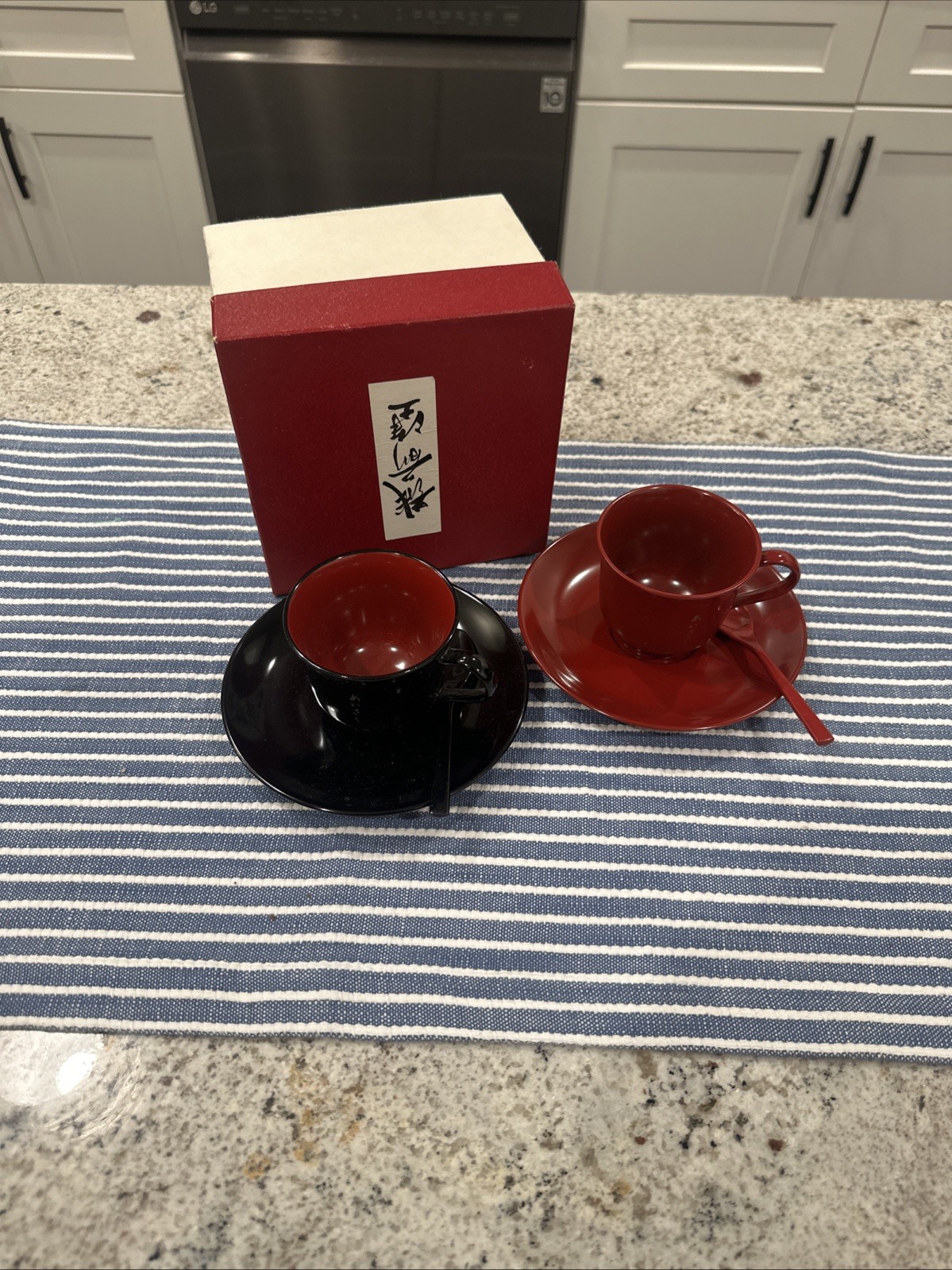 Vintage Echizen Lacquer Ware Japan Cups And Saucer Set With Spoons Vintage Echizen Lacquer Ware Japan Cups And Saucer Set With Spoons