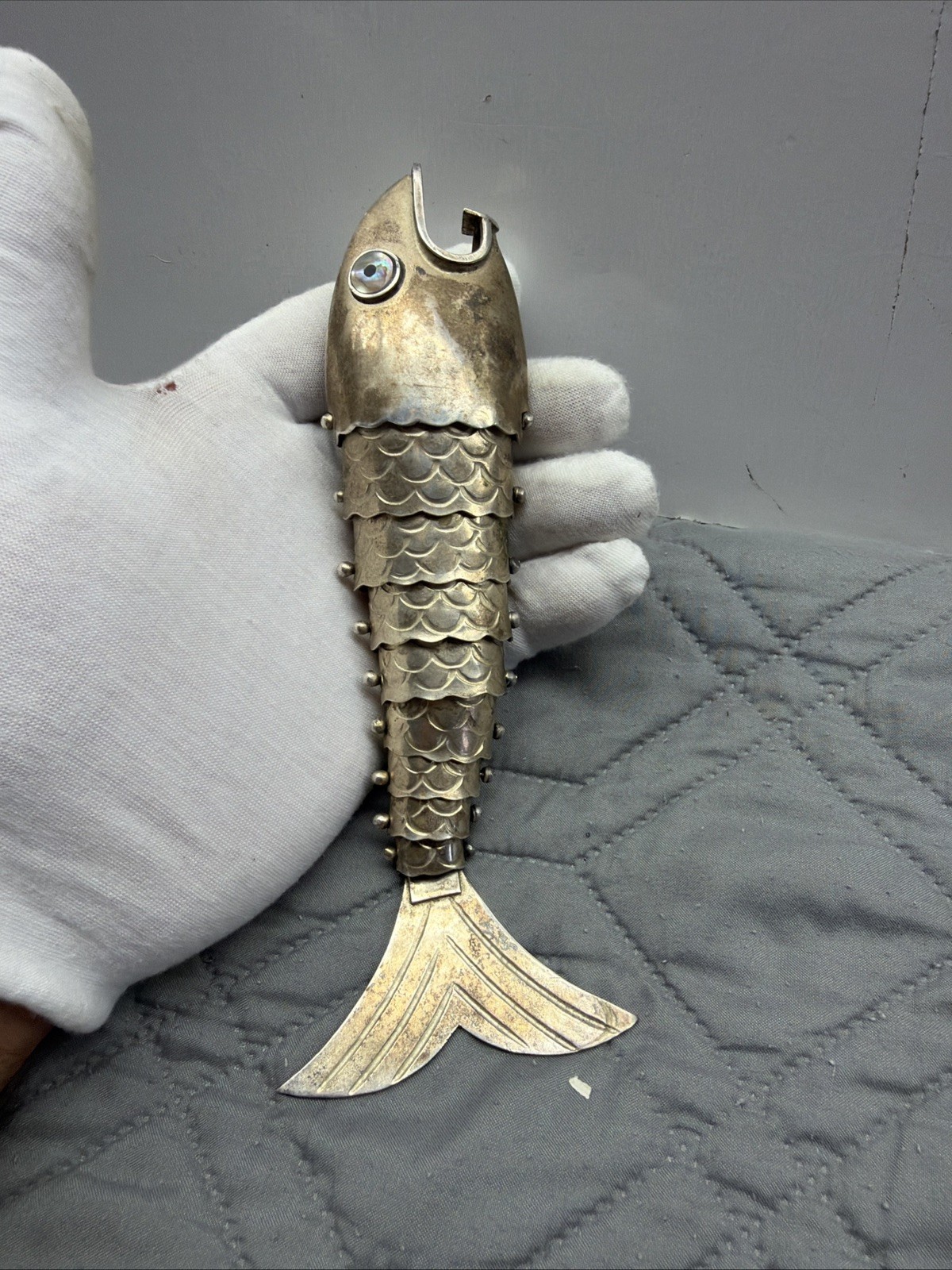 Vintage Articulated Fish Bottle Opener Silver Plated Mexico 7.5” Ornate
