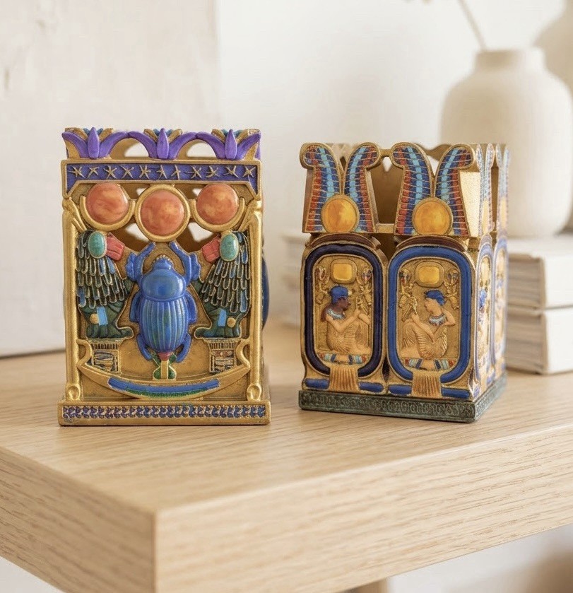 2 PSC Summit Collect Egyptian Revival Scarab&Cartouche Holders Pair Resin Decor