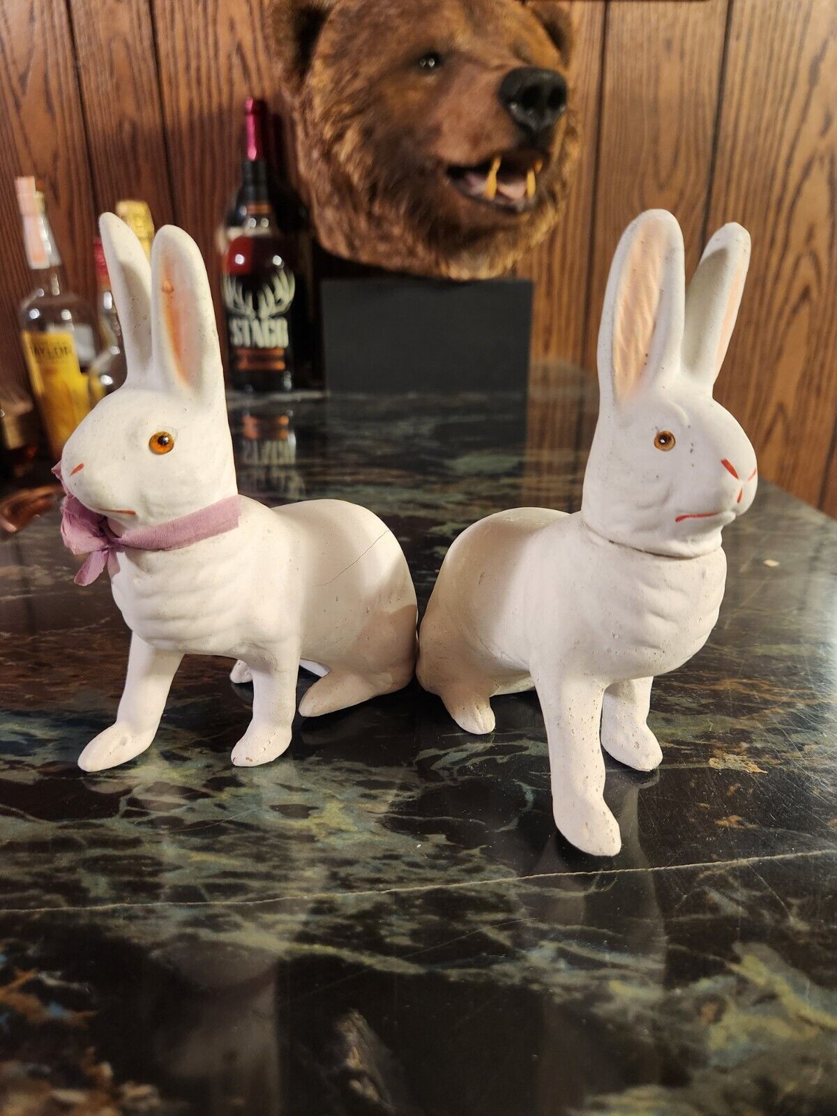 Paper Mache White German Bunnies Each Missing 1 Glass Eye Candy Dish Some Damage