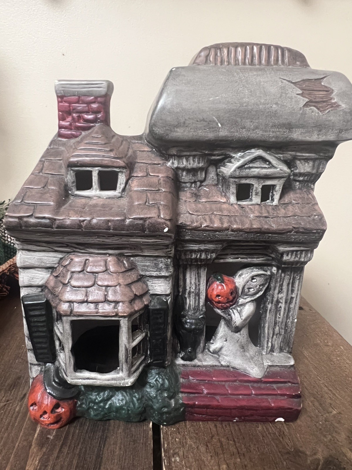 LeFauve Vintage Painted Ceramic Halloween Haunted House Black Cat Ghost Pumpkins