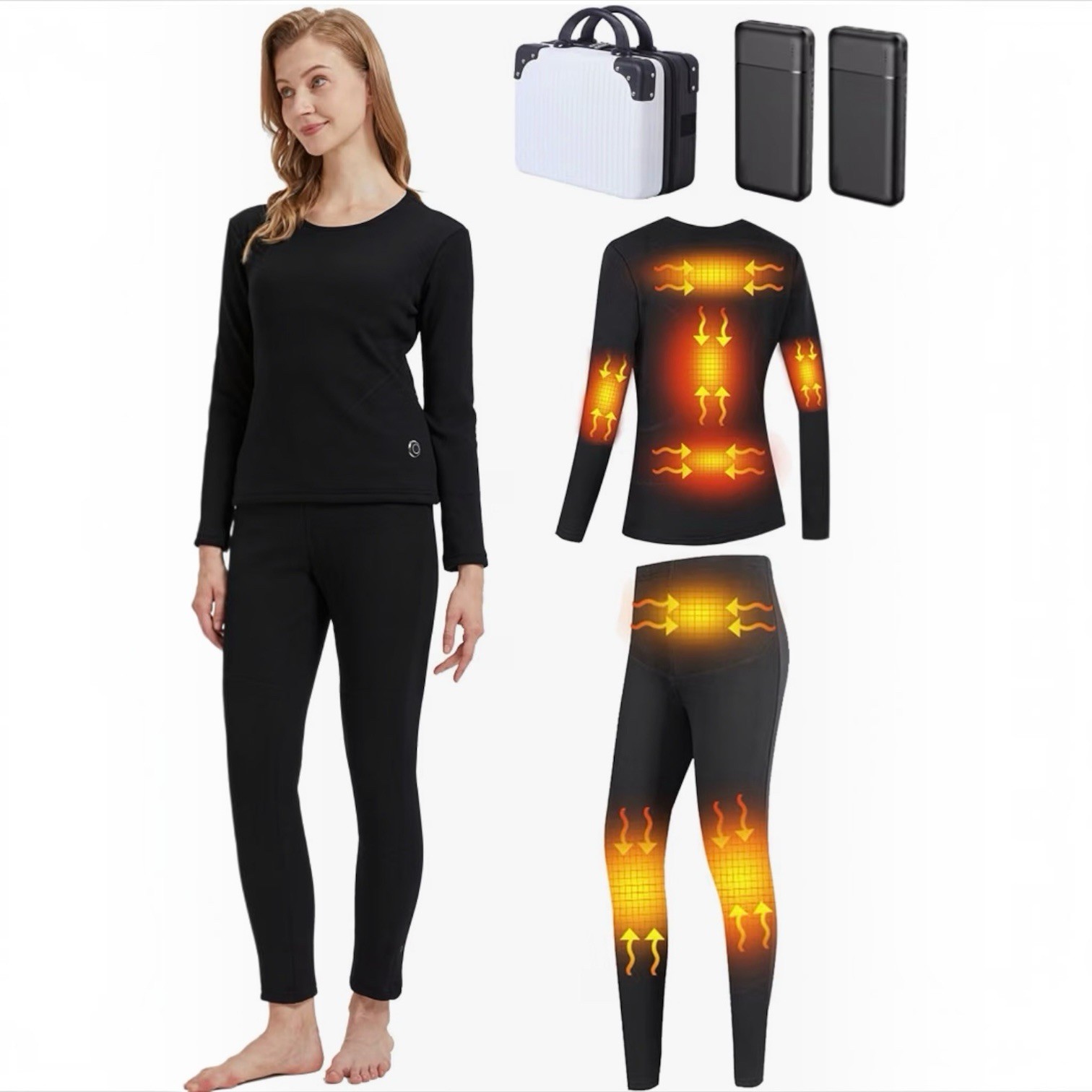 Women\'s Heated Thermal Underwear Set, USB Electric Set W/Batteries & Case Large