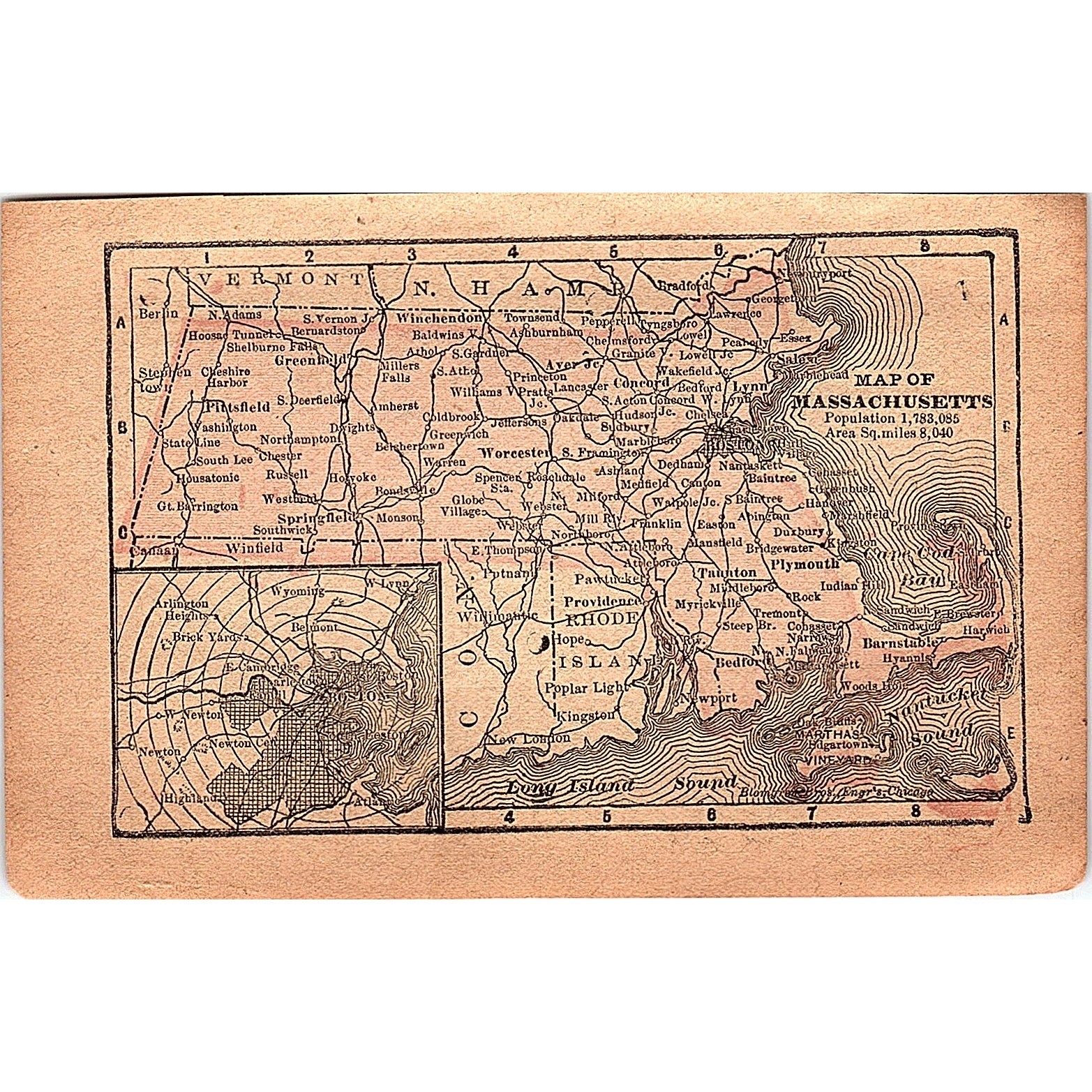 Antique 1889 Map of Massachusetts 1889 Pocket Map Engraving SAG4-H3