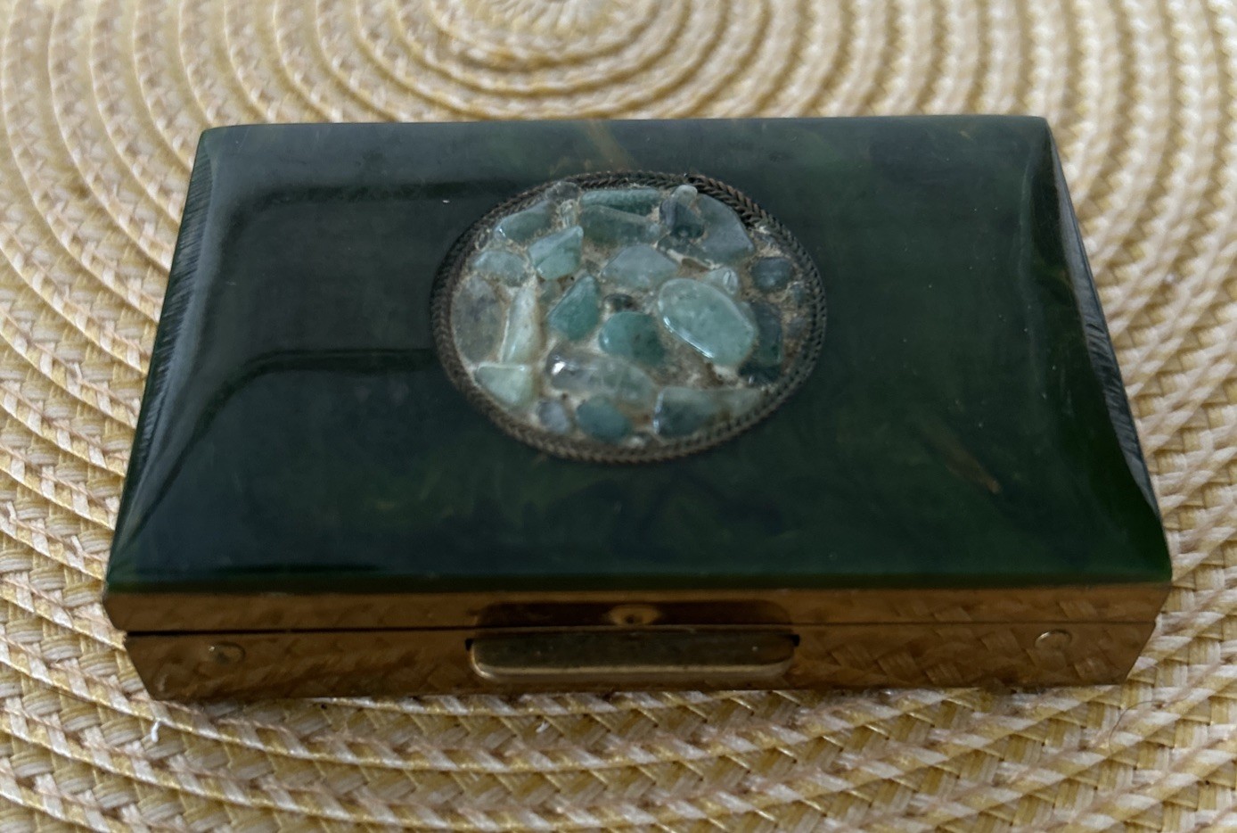 VTG Schildkraut Ladies Pill Compact Case Bakelite w Jade Gemstones Brass Rare
