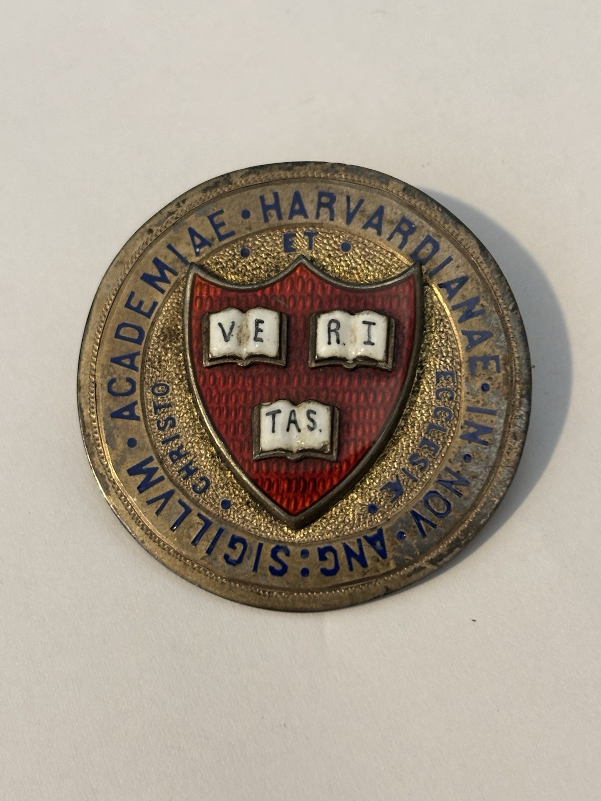 Antique c.1910 HARVARD UNIVERSITY Sterling Guilloche Enamel Large Pin Brooch