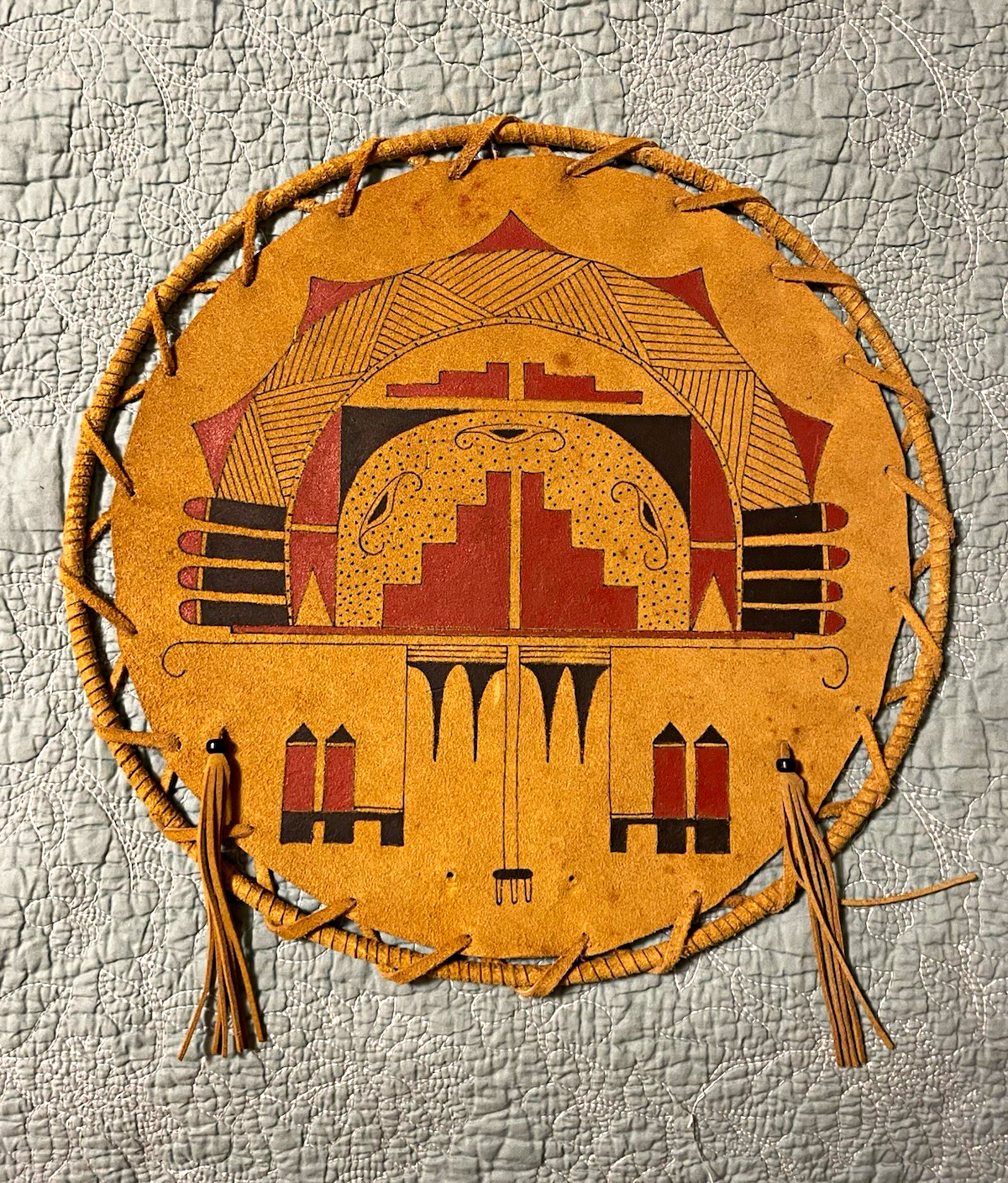 Julian & Maria Martinez San Ildefonso Pueblo Signed Round Leather Wall Hanging