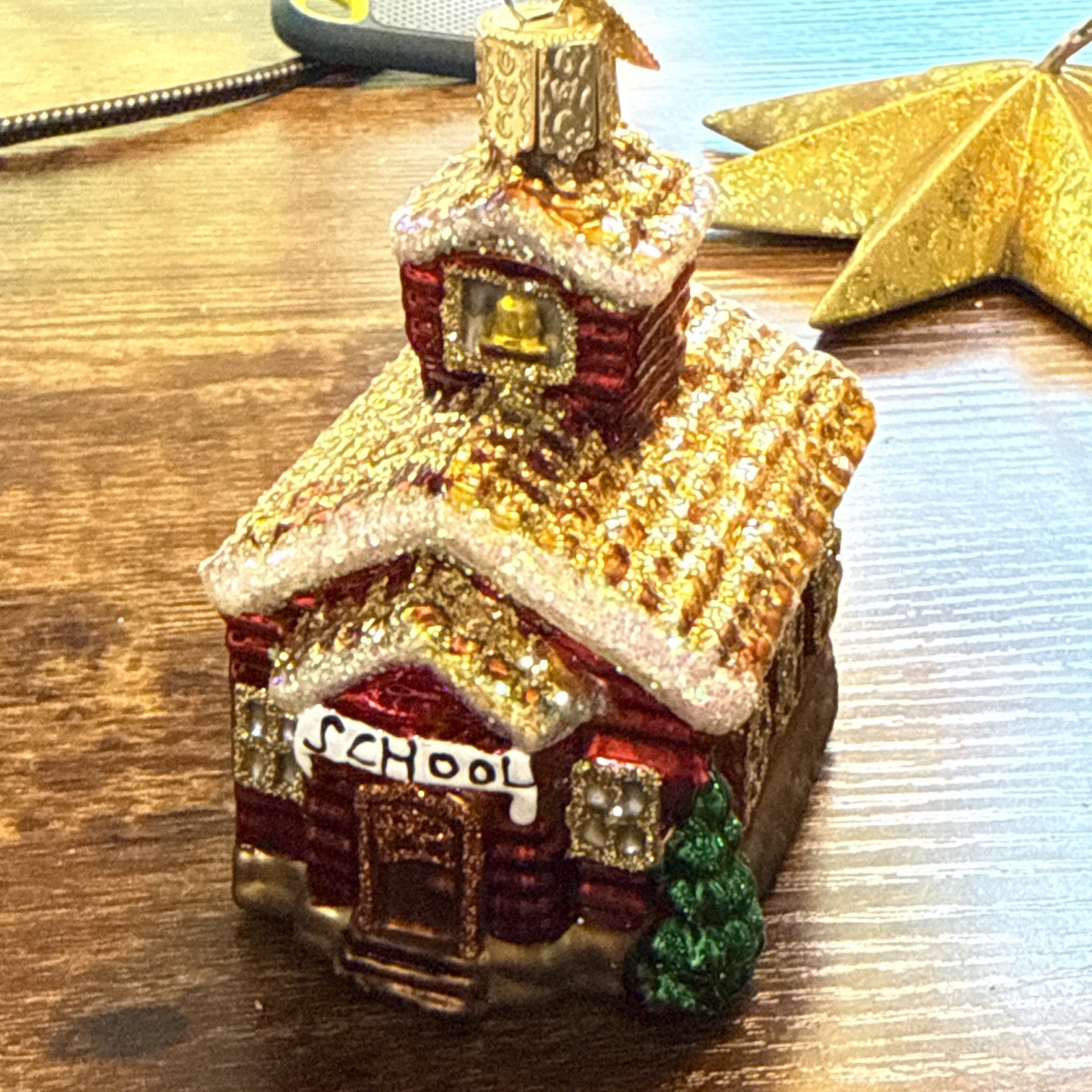 Old World Christmas Schoolhouse Ornament Red Gold Glitter OWC School