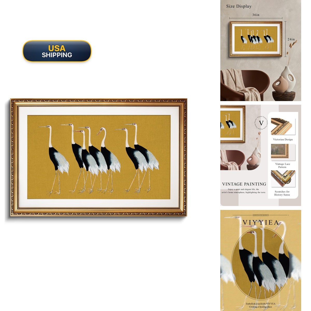 VIYYIEA Framed Vintage Seven Cranes Wall Art Living Room 36×24 Inch