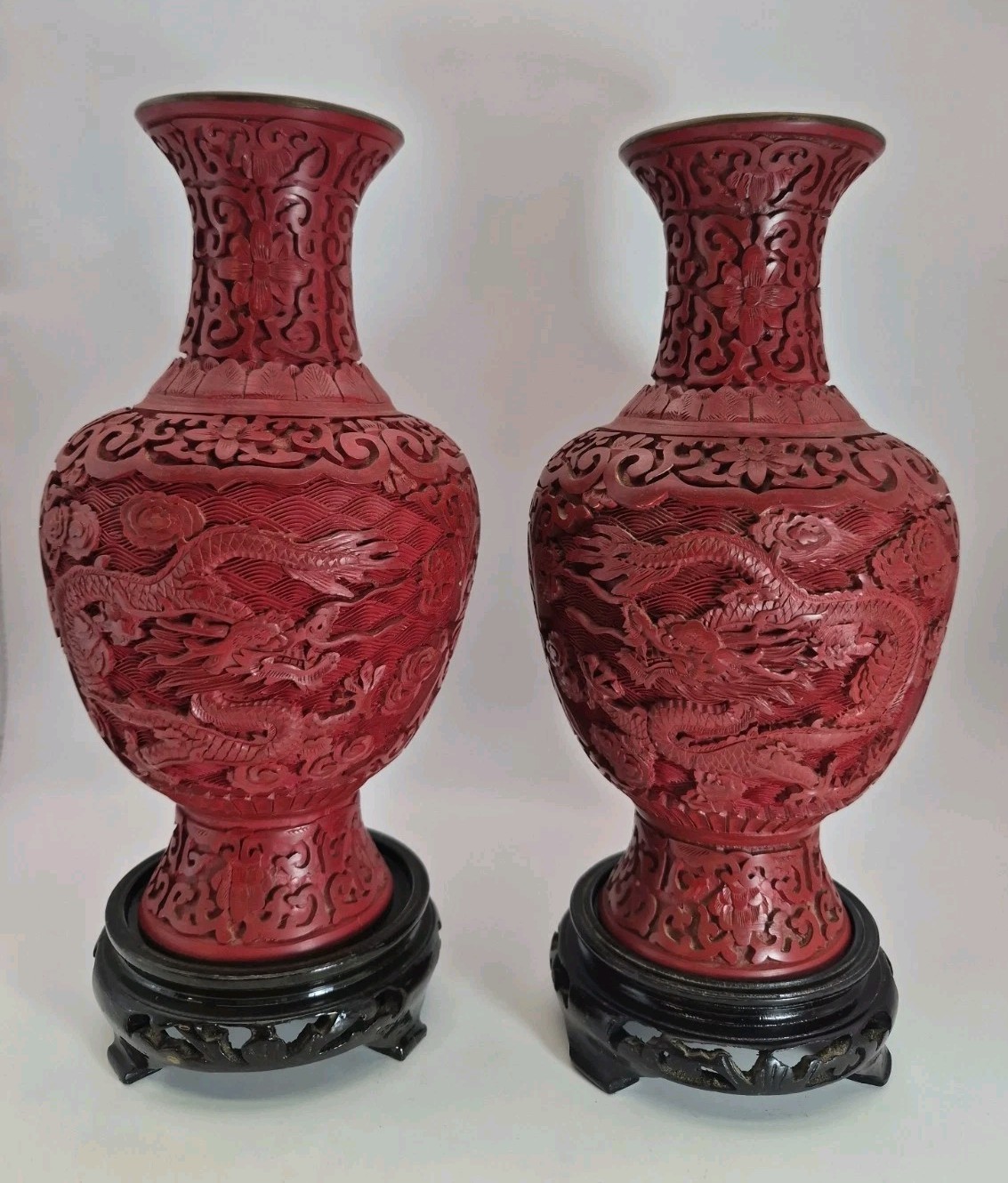 Pair Vintage Chinese Red Carved Dragon Floral Cinnabar Lacquer Vases 8