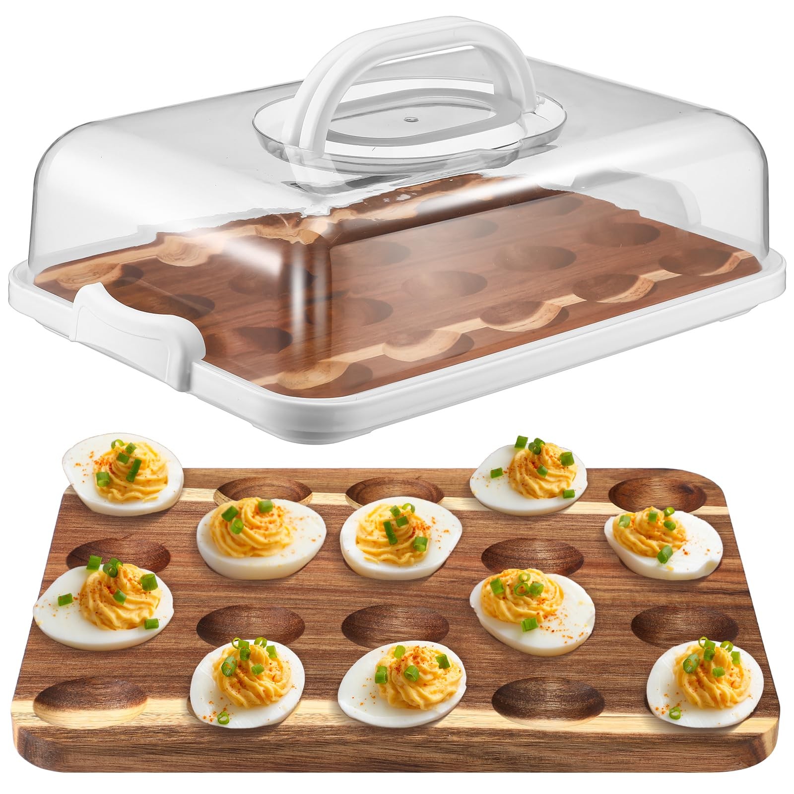 Baderke Easter Gift Acacia Wood Deviled Egg Platter with Lid Base 20 Holes 12 x