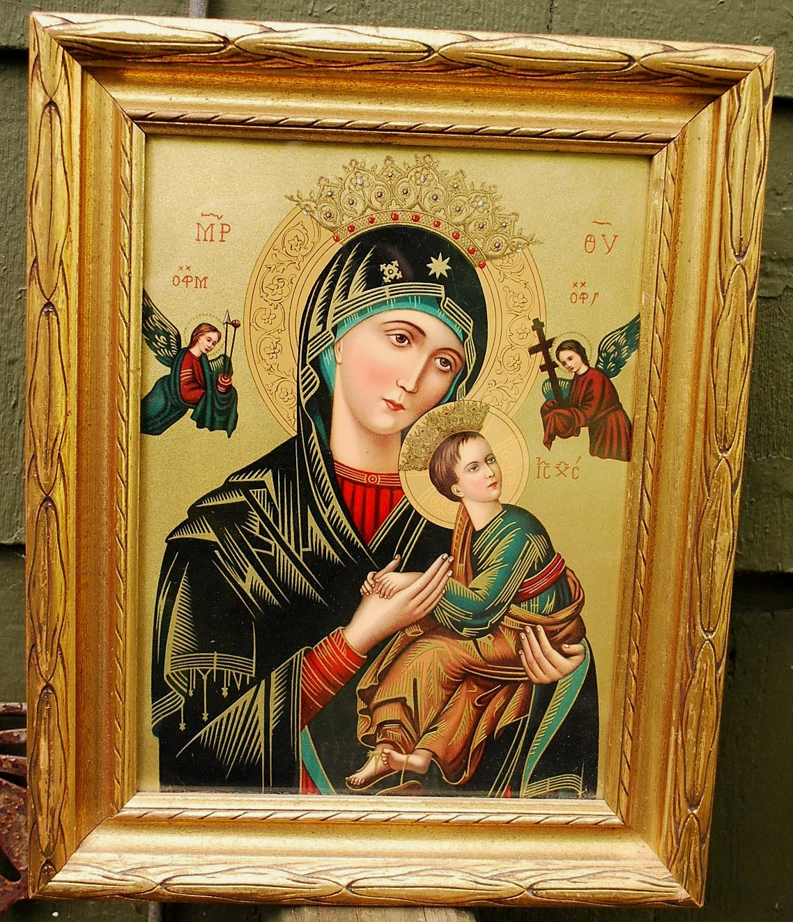 Antique OUR LADY OF PERPETUAL HELP ART LITHOGRAPH Giltwood Frame MADONNA/JESUS