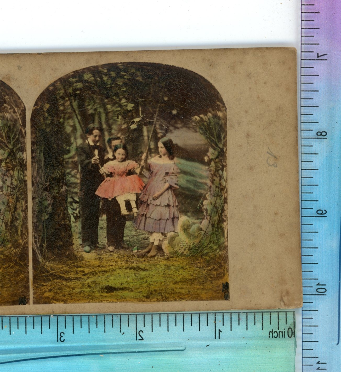 Young Girl Pushed in Swing J. Elliott Tinted Early Genre Stereoview c1860