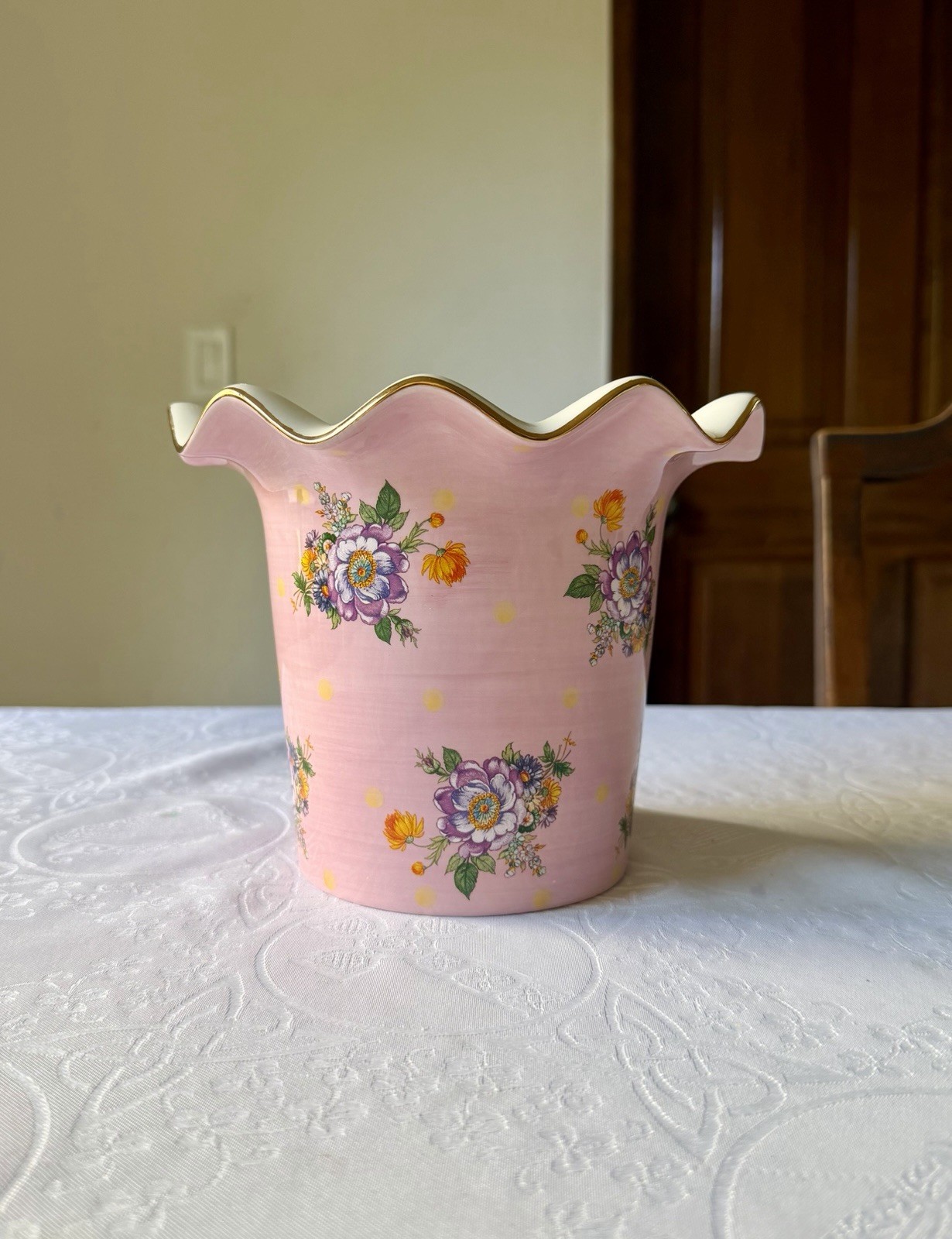 Mackenzie-Childs Pink Floral Scalloped Vase