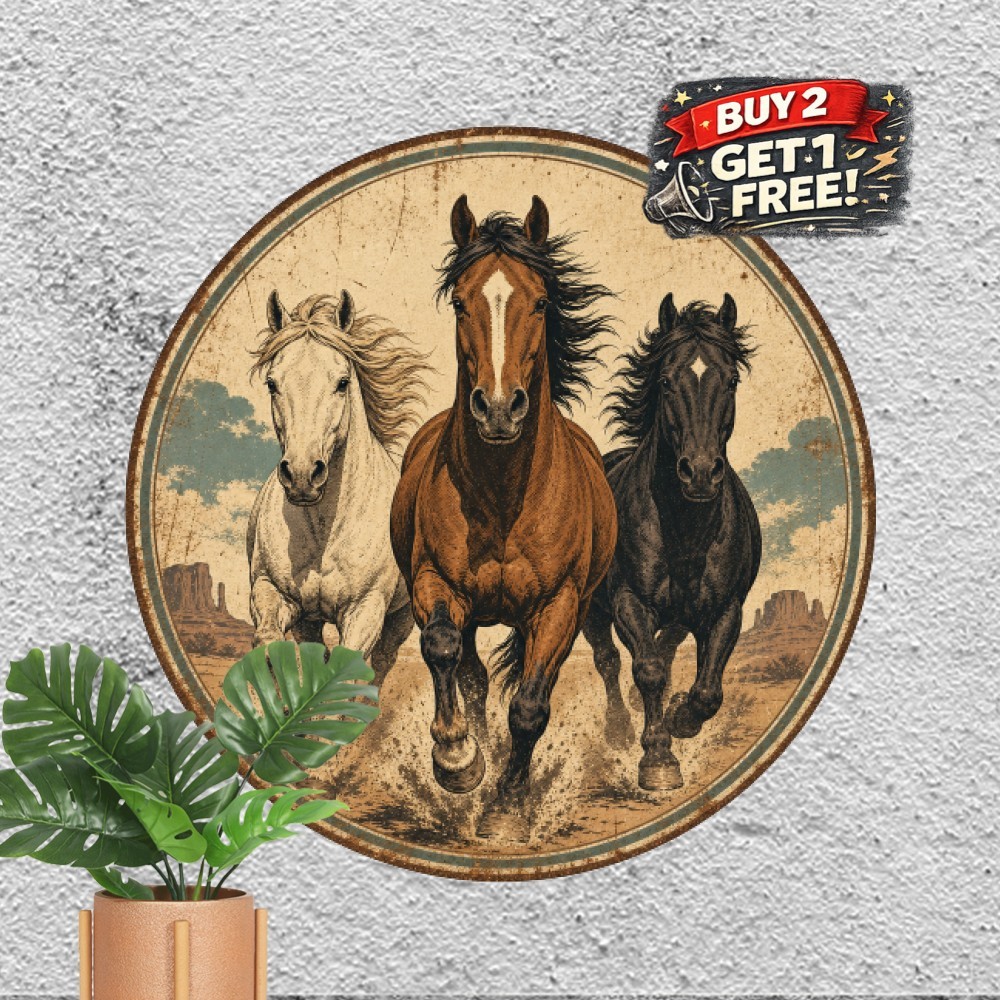 Wild Stallions Three Running Horses Western Art Round Metal Tin Sign 8x8 In