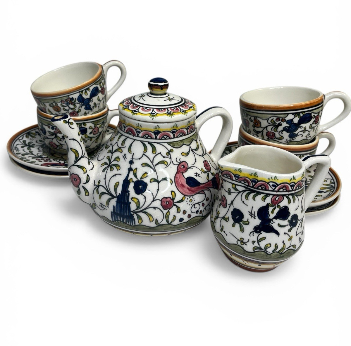 Neiman Marcus Pavoes Set Teapot Creamer Teacup Saucer Portugal Bird 11 Pieces