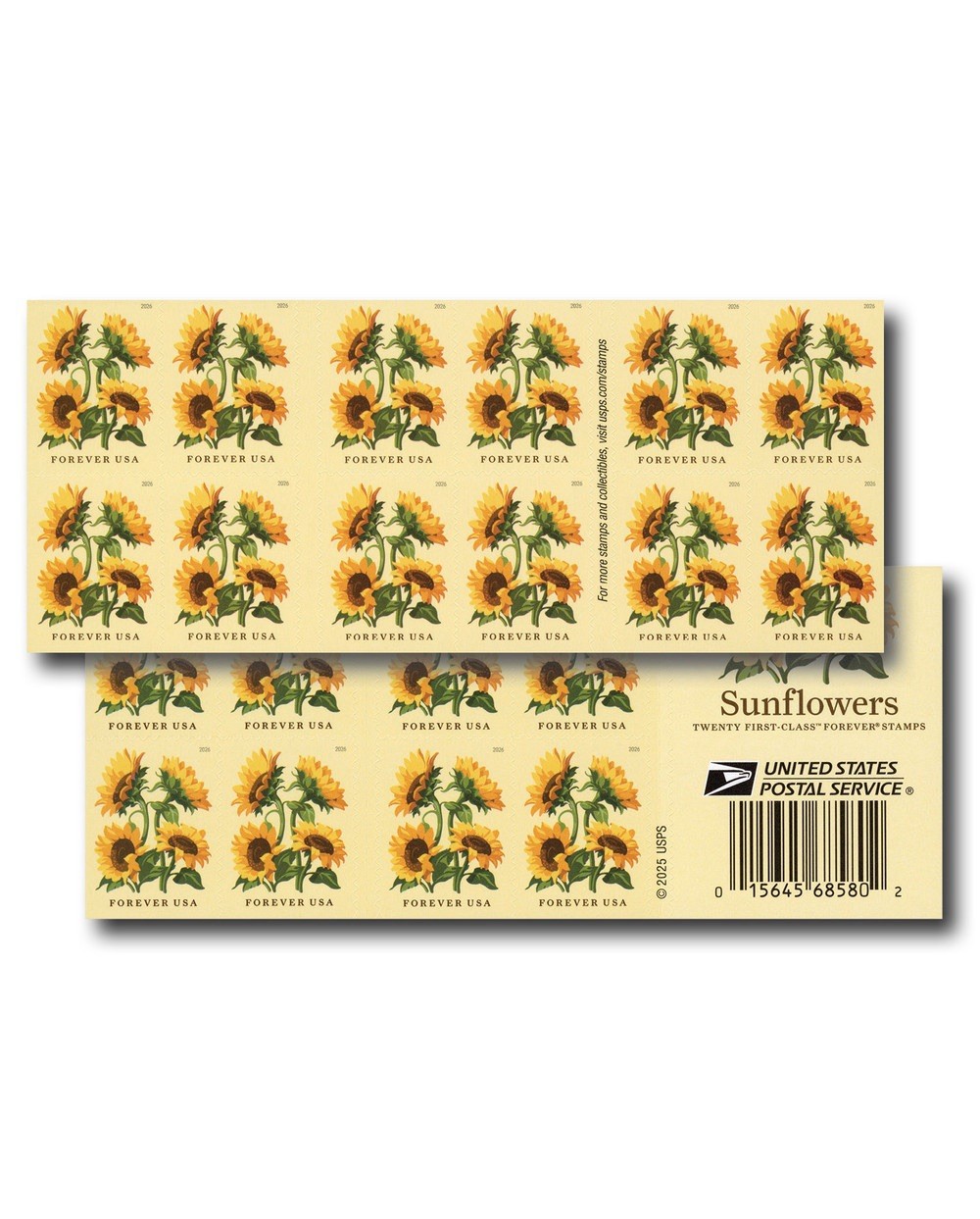 USPS SUNFLOWERS BOOKLET OF 20 FIRST CLASS LETTER STAMPS