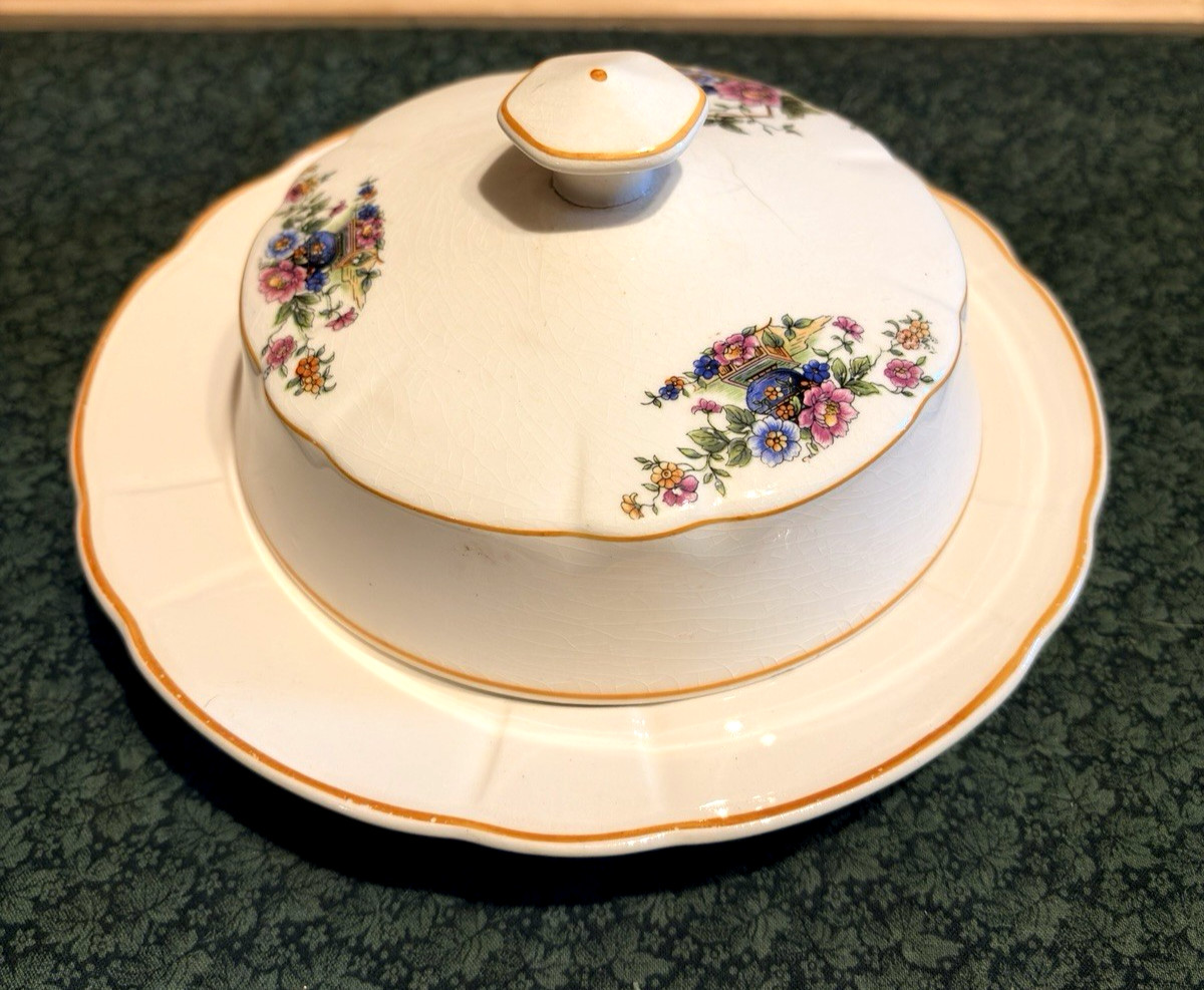 Antique K-T & K Knowles Taylor Knowles Round Cover Butter Dish Floral Gold Trim