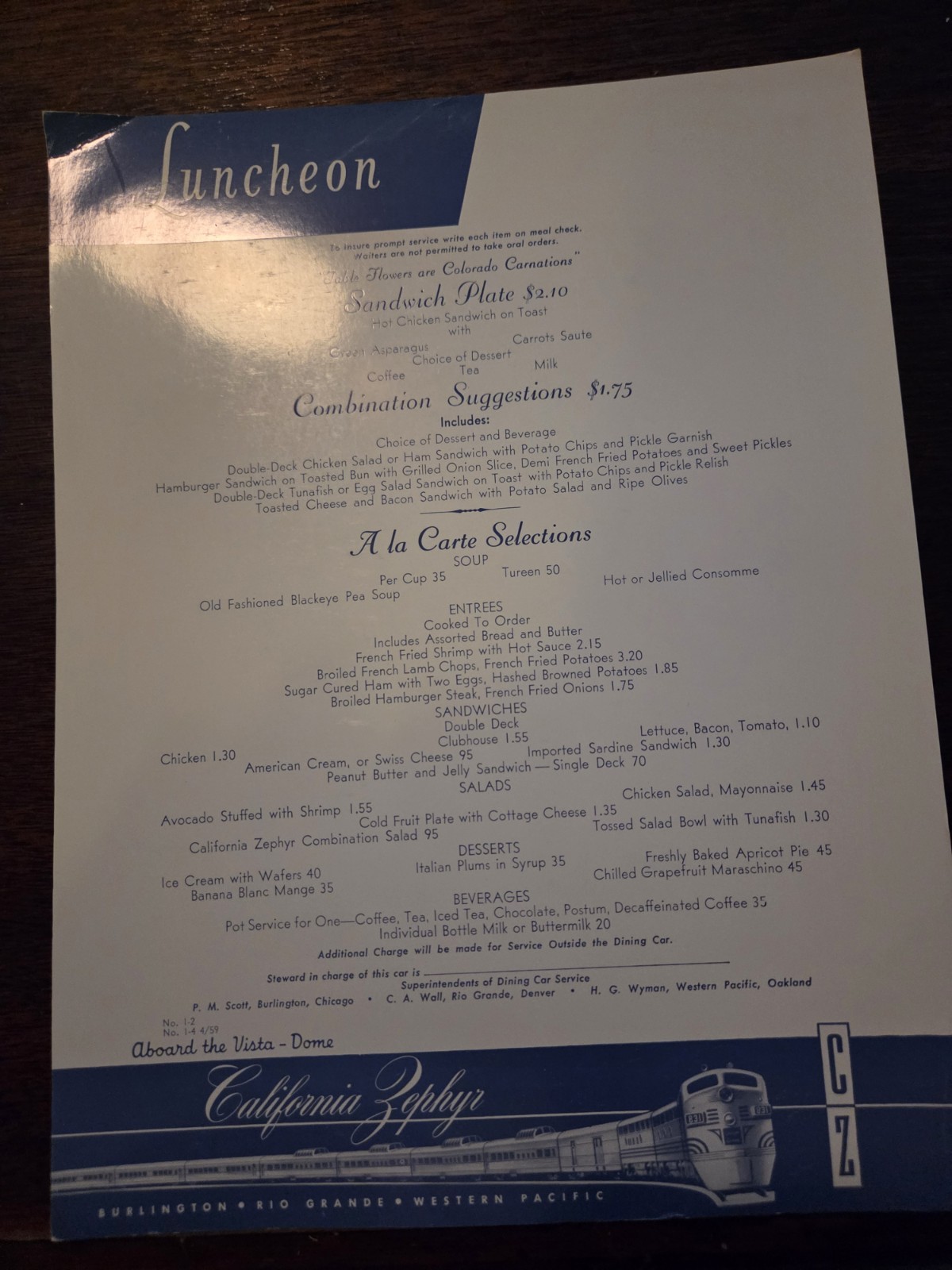April 1959 California Zephyr Railroad Luncheon Menu  No. 1-2/1-4