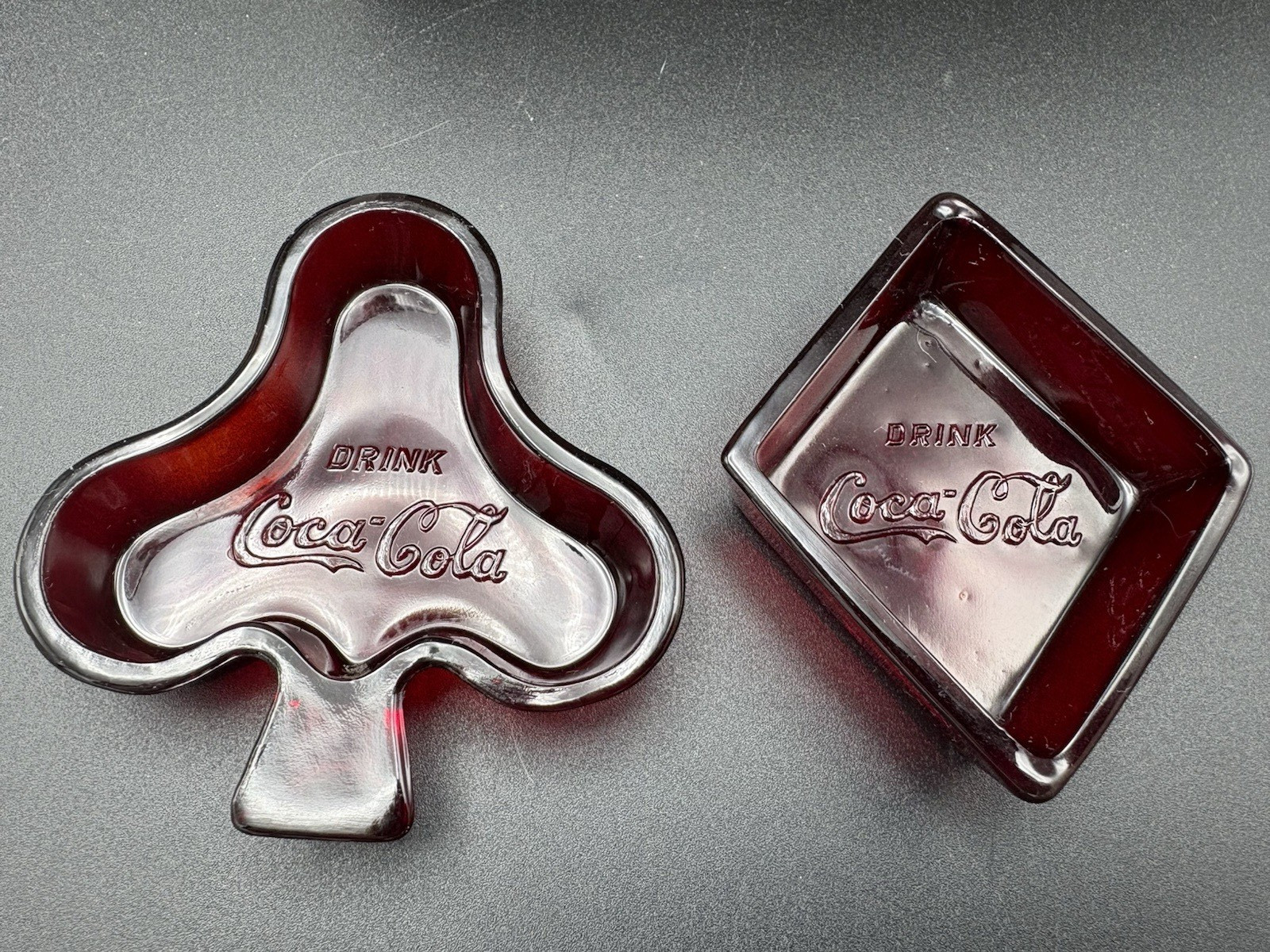 Vintage 1950s Coca Cola Ruby Red Glass Ashtray - Set of 2 - Spade & Diamond Vintage 1950s Coca Cola Ruby Red Glass Ashtray - Set of 2 - Spade & Diamond