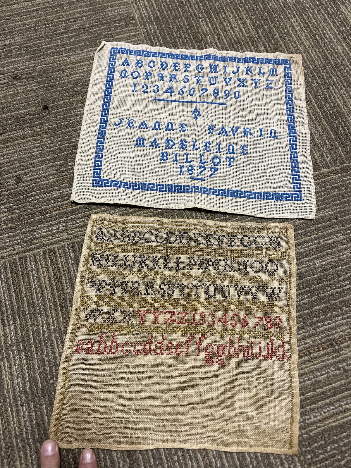 Antique Sampler Lot Of 2 1870s Alphabet Named