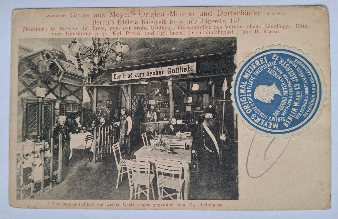 Greetings from Meyerei and village tavern, village jug to the rough Gottlieb, Berlin, 1910, seal Greetings from Meyerei and village tavern, village jug to the rough Gottlieb, Berlin, 1910, seal