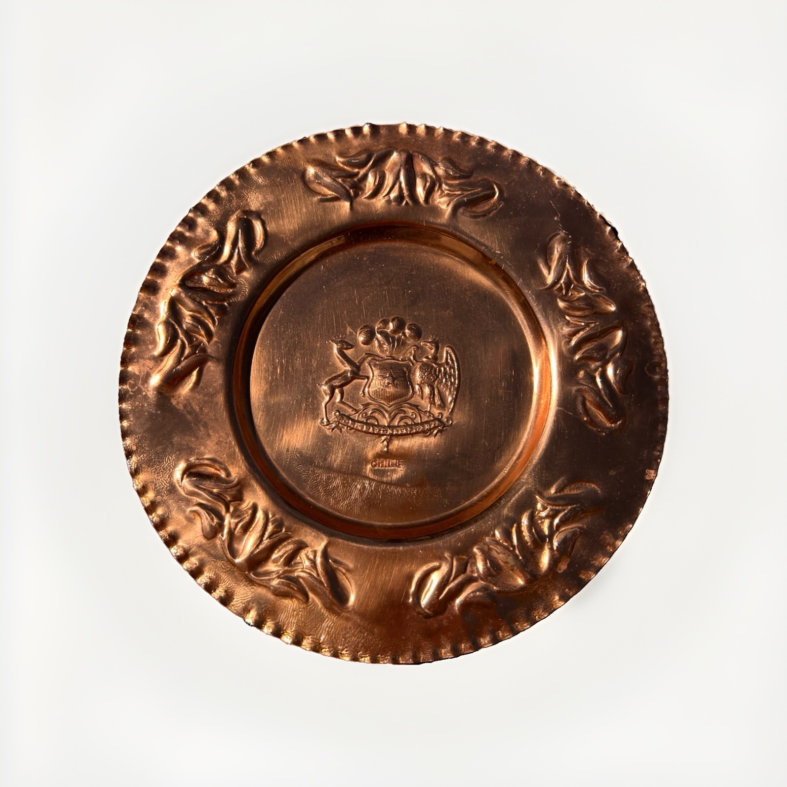 Vintage Chile Copper Wall Plate 9.5” Embossed Coat of Arms Valdivia Decor