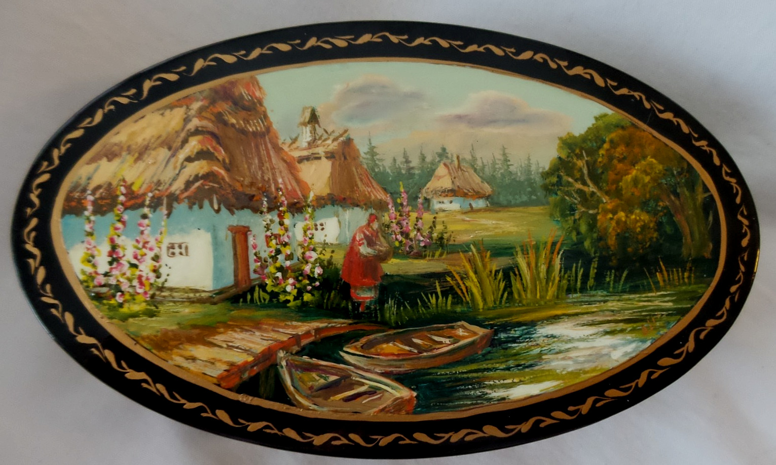 Vintage Russian Hand Painted Lacquer Box Village water Scene Signed 7”x3.5” NIB Vintage Russian Hand Painted Lacquer Box Village water Scene Signed 7”x3.5” NIB