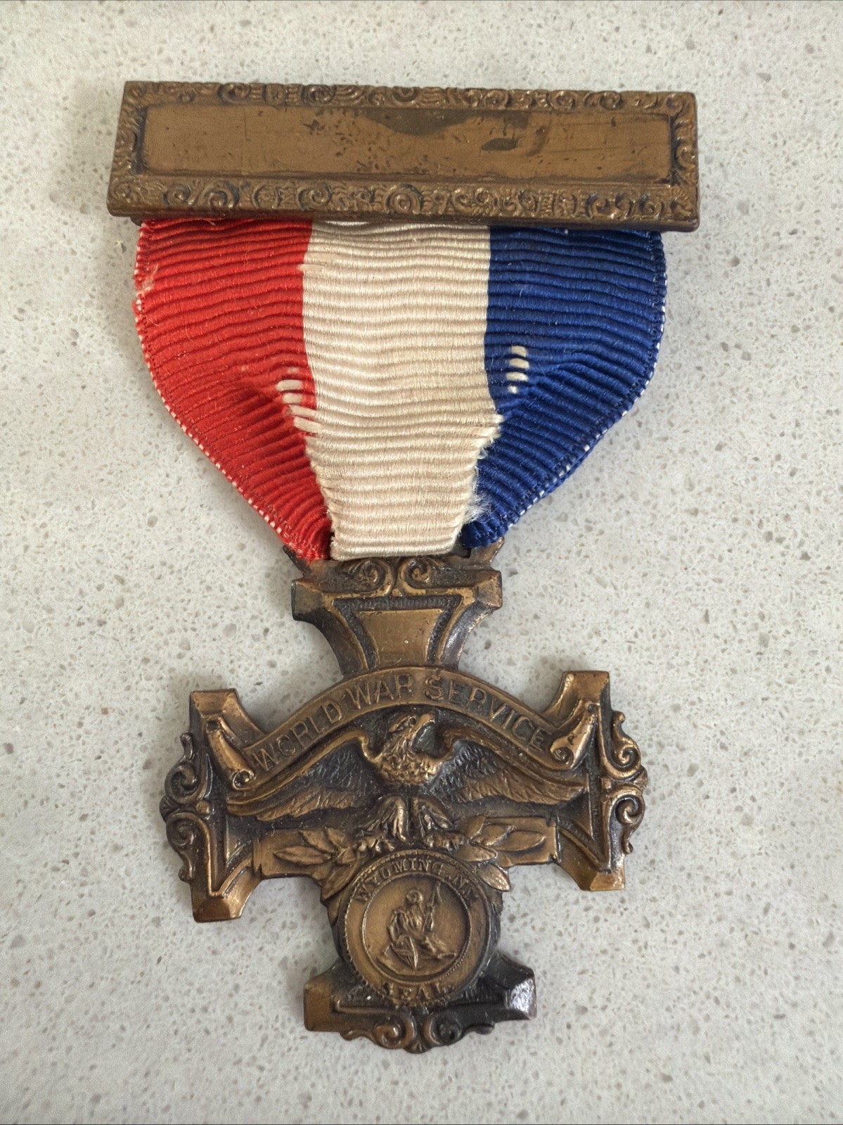 WWI Wyoming NY World War Service Medal Pin w/ 1917-1918 Ribbon Bar WWI Wyoming NY World War Service Medal Pin w/ 1917-1918 Ribbon Bar
