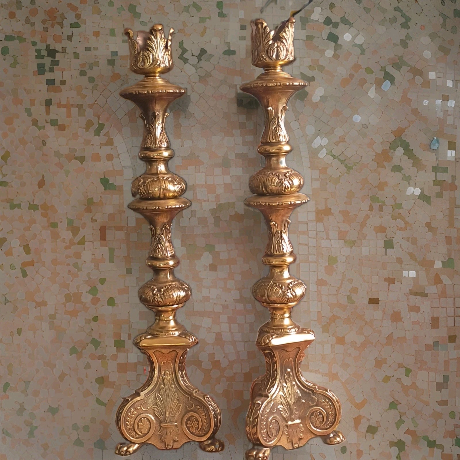 Vintage Pair of Beautiful Ornate Brass Church Sanctuary Altar Candlesticks 23” Vintage Pair of Beautiful Ornate Brass Church Sanctuary Altar Candlesticks 23”