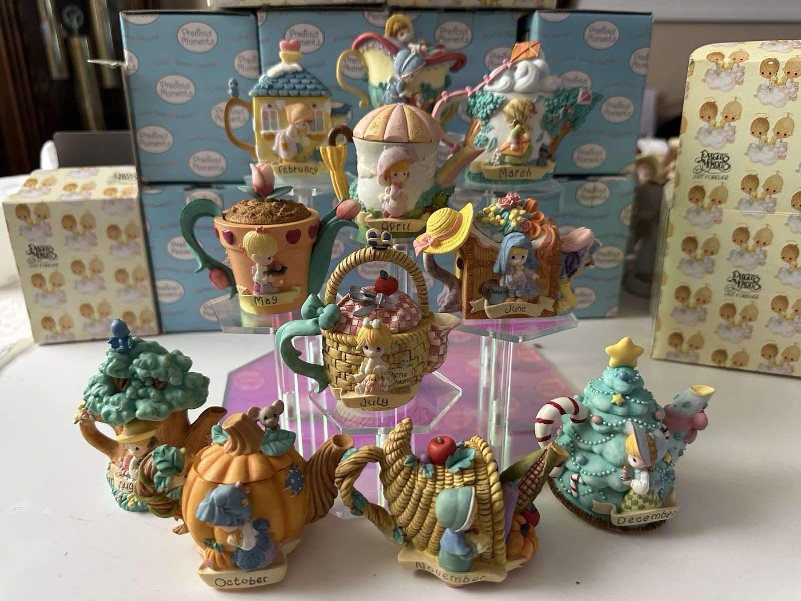 Precious Moments Vtg 1999 Mini Teapot Monthly Set Of 11 Enesco Avon Exclusive