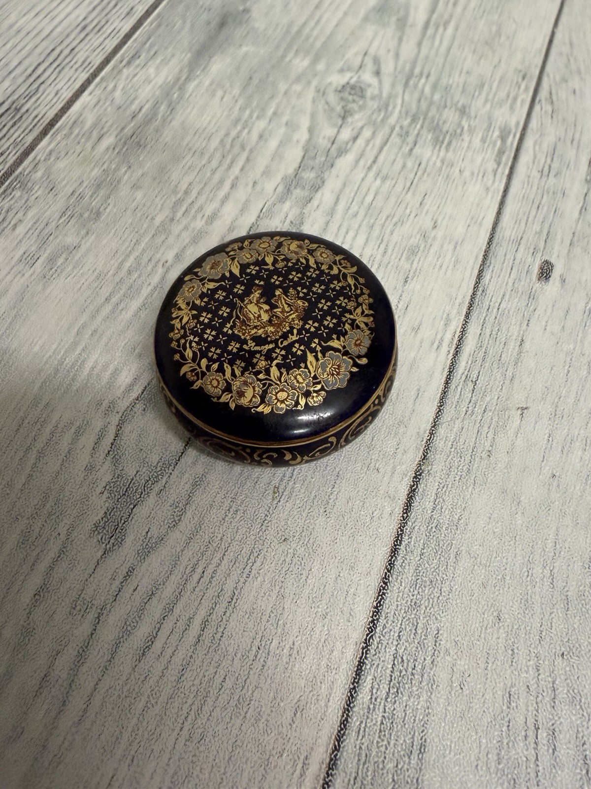 Limoges Castel Porcelain Trinket Container Cobalt and 22k Gold Made In France
