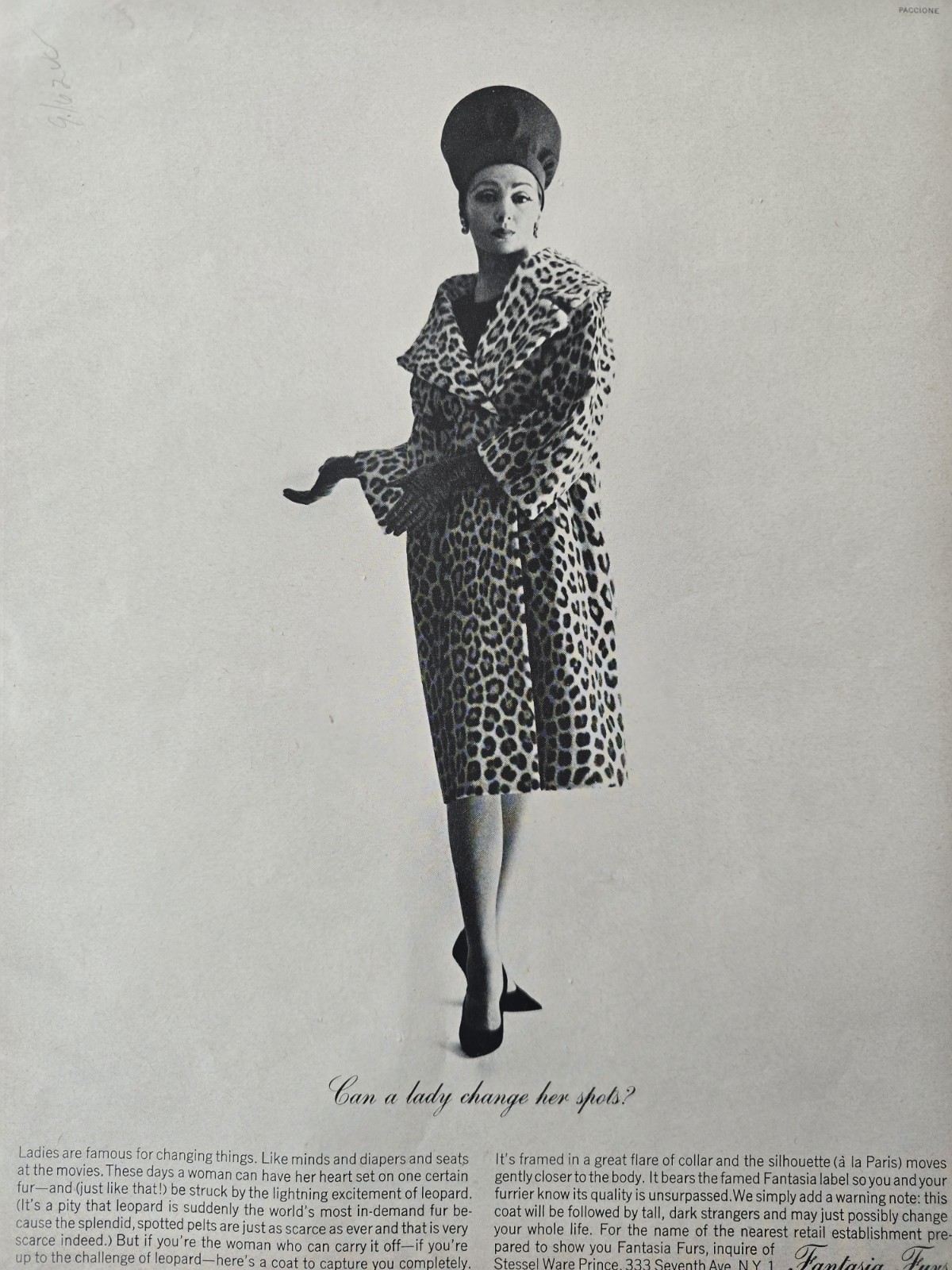 1962 Women's Fantasia Furs leopard print coat Can Lady Change Spots vintage ad 