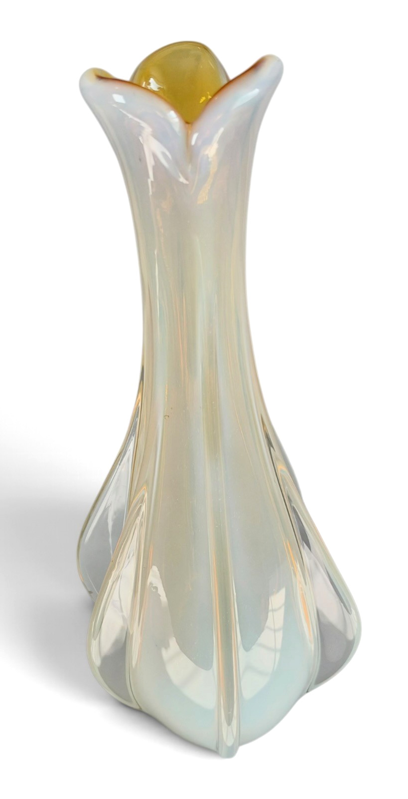 Vtg Italian Murano Opalescent Glass Fluted Lamp Base For Parts White Yellow 13in Vtg Italian Murano Opalescent Glass Fluted Lamp Base For Parts White Yellow 13in