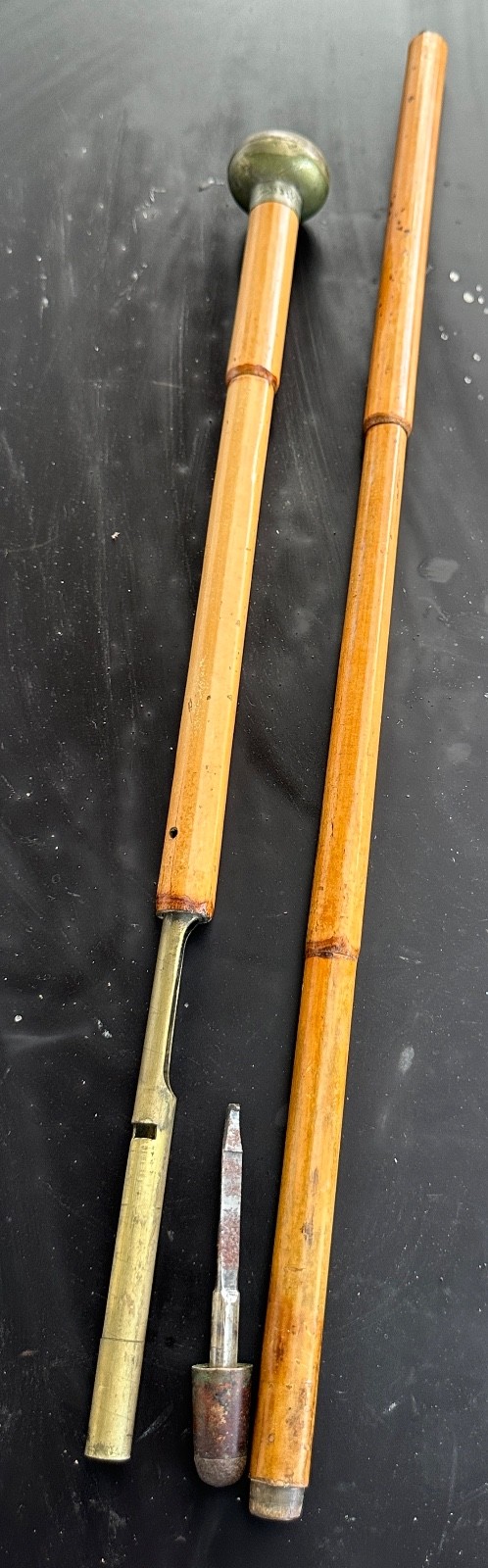 Rare Antique Vintage Bamboo Blowgun Gun Dart Gadget Cane Brass Knob Handle