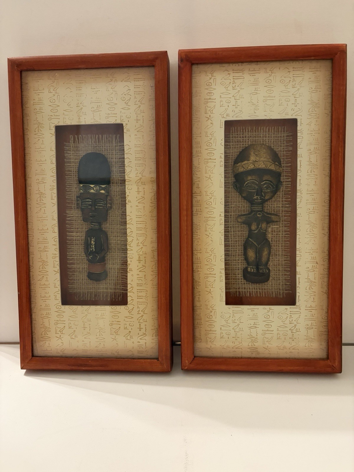 Vtg African Style 3D Carved Wooden Fugurine Shadow Box Wall Art Hanging Pair 14\