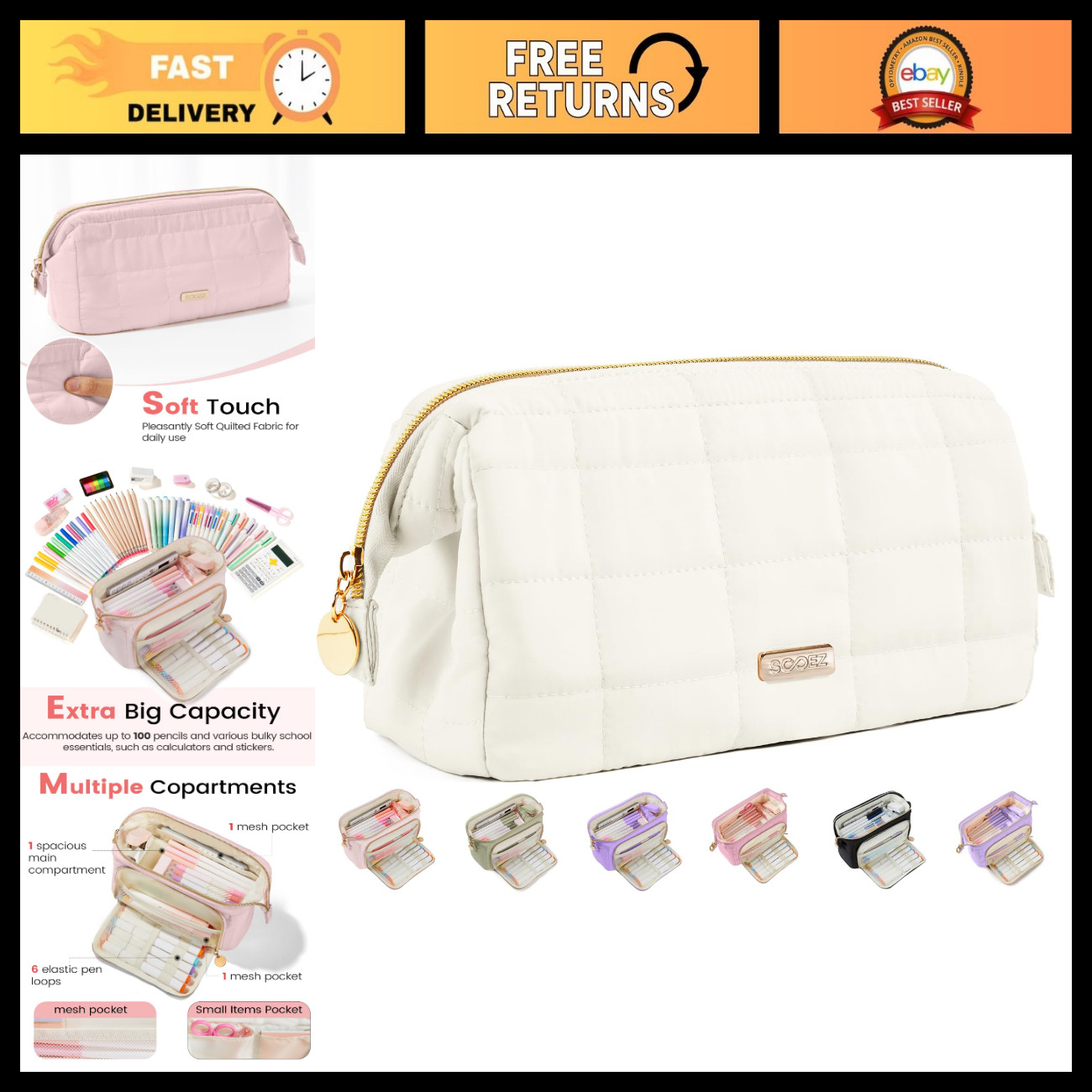Large Soft Pencil Case Pouch with Zipper, Multi-Functional Pen Bag for School &
