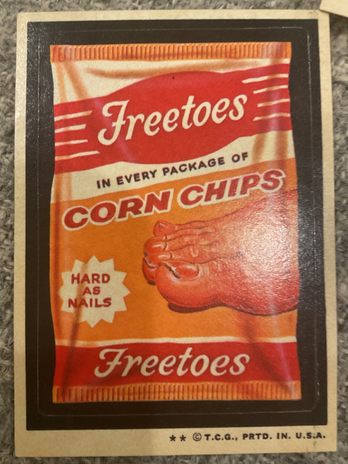 Rare Vintage 1973 Topps FREETOES CORN CHIPS Wacky Pack Sticker TAN BACK card