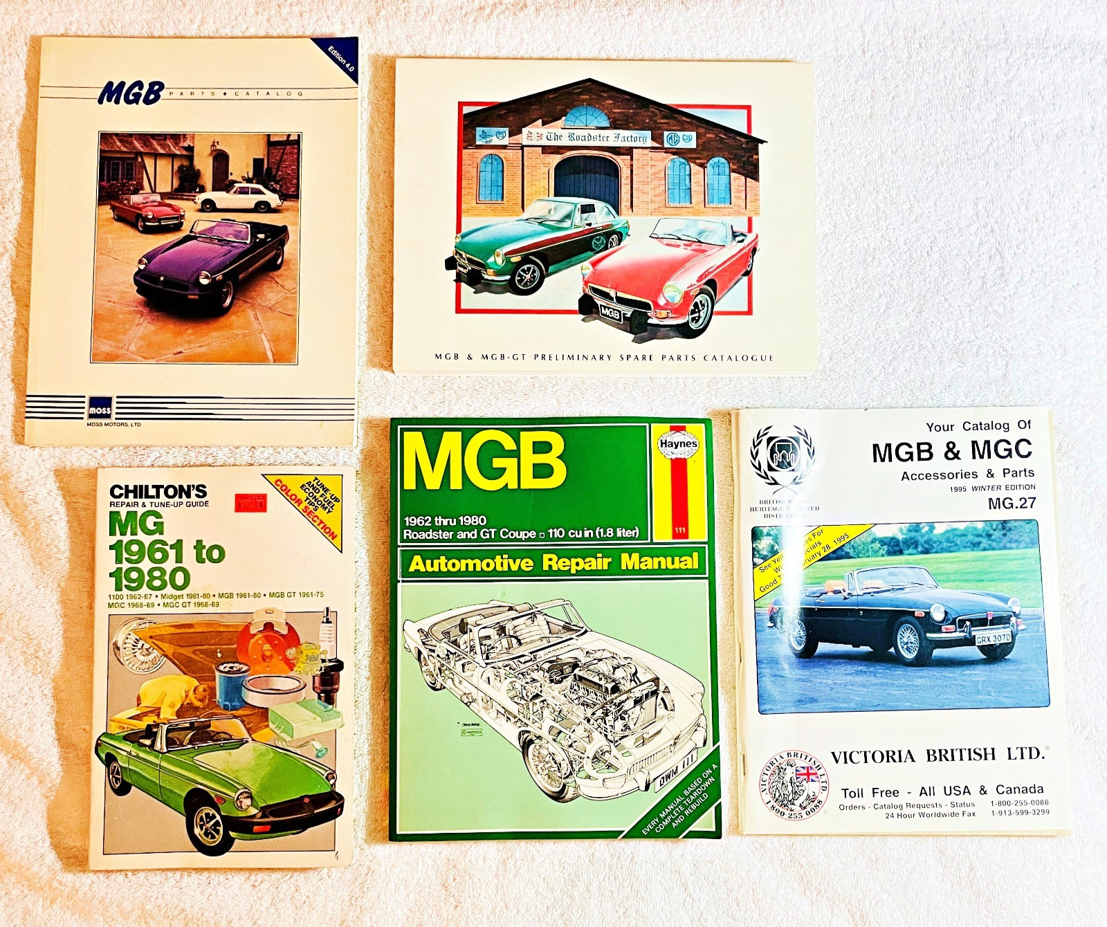 Lot of (5) MG-MGB-MGC Repair Guides and Parts Catalogs (Chilton\'s, Haynes, Moss) Lot of (5) MG-MGB-MGC Repair Guides and Parts Catalogs (Chilton\'s, Haynes, Moss)