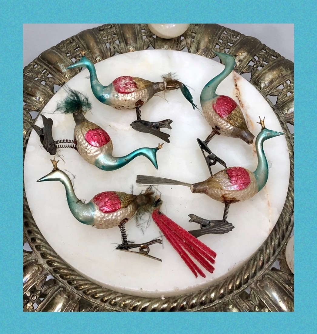 SET 5 Antique 1920s GERMANY Hand-Blown MERCURY GLASS PEACOCK Xmas Tree Ornaments