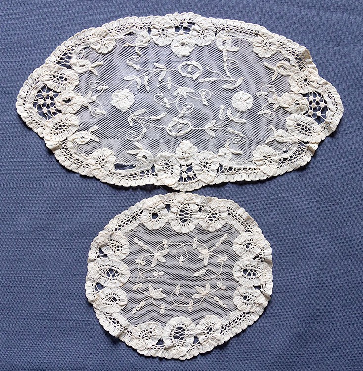 2 Antique BRUSSELS PRINCESS LACE DOILIES Oval Round